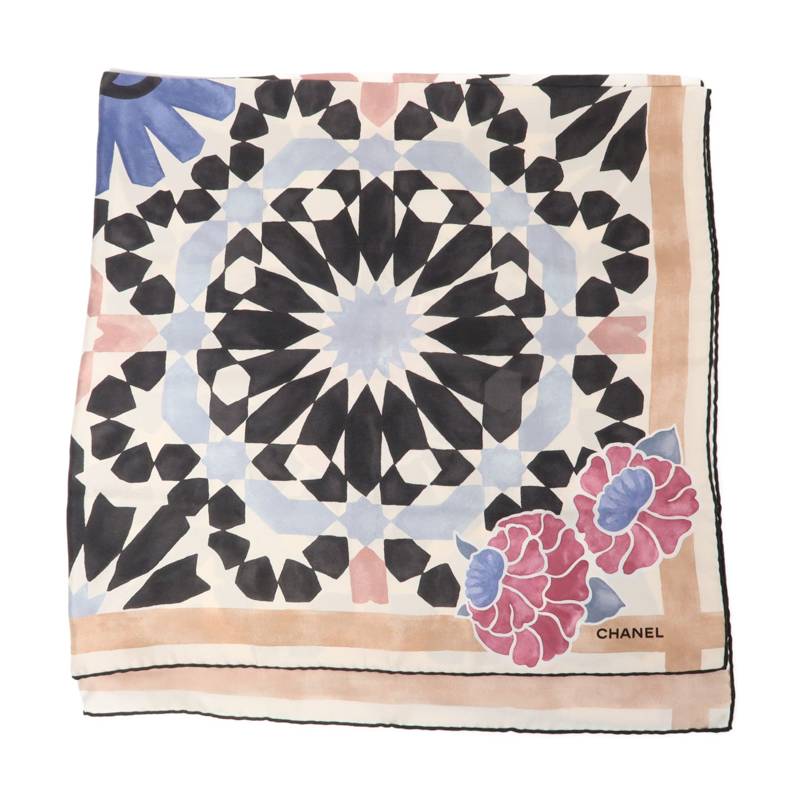 CHANEL 絲質Scarf 85x85cm圍巾米色/黑色/粉紅色