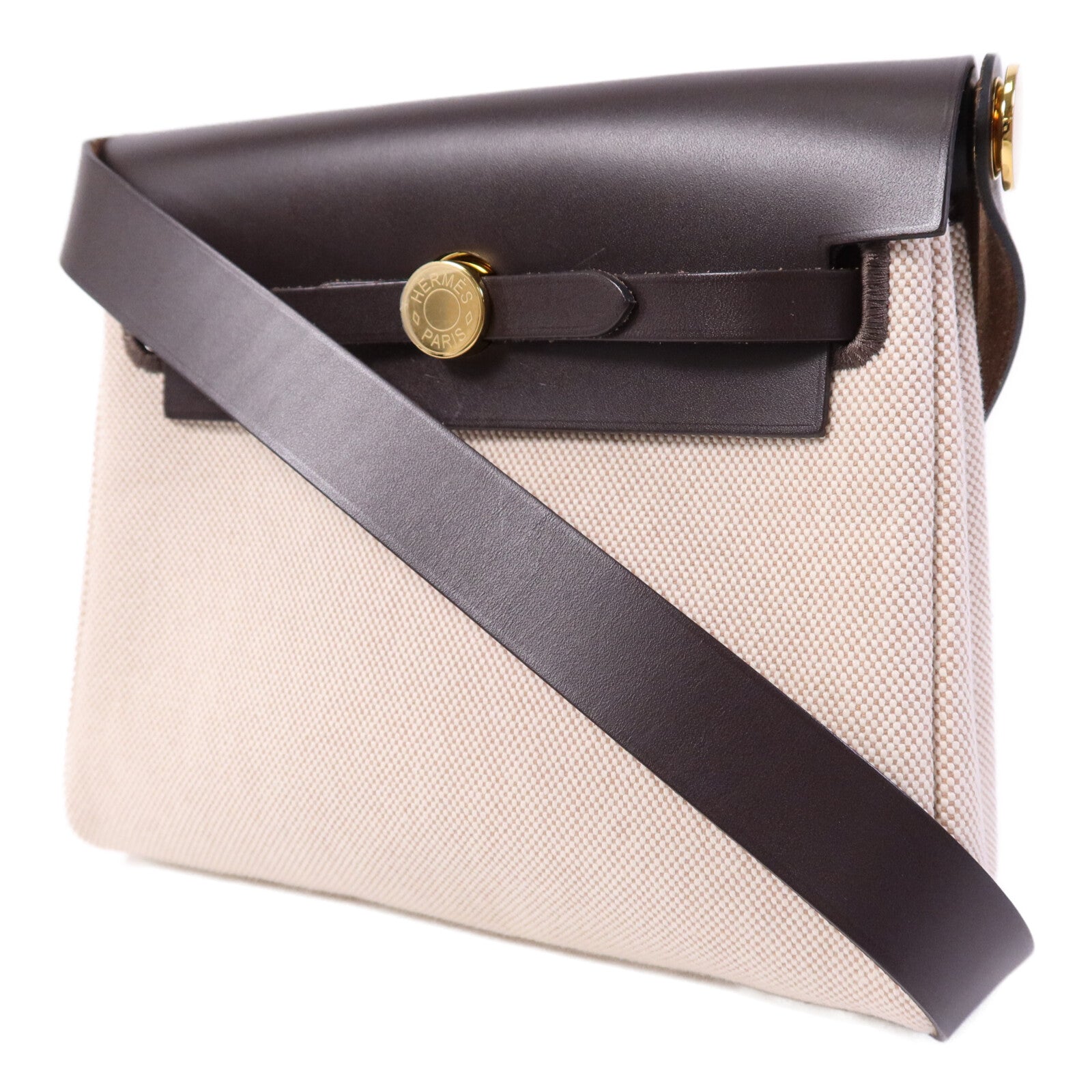 HERMES 帆布/Hunter皮革Mini Herbag金扣肩背袋Chocolat