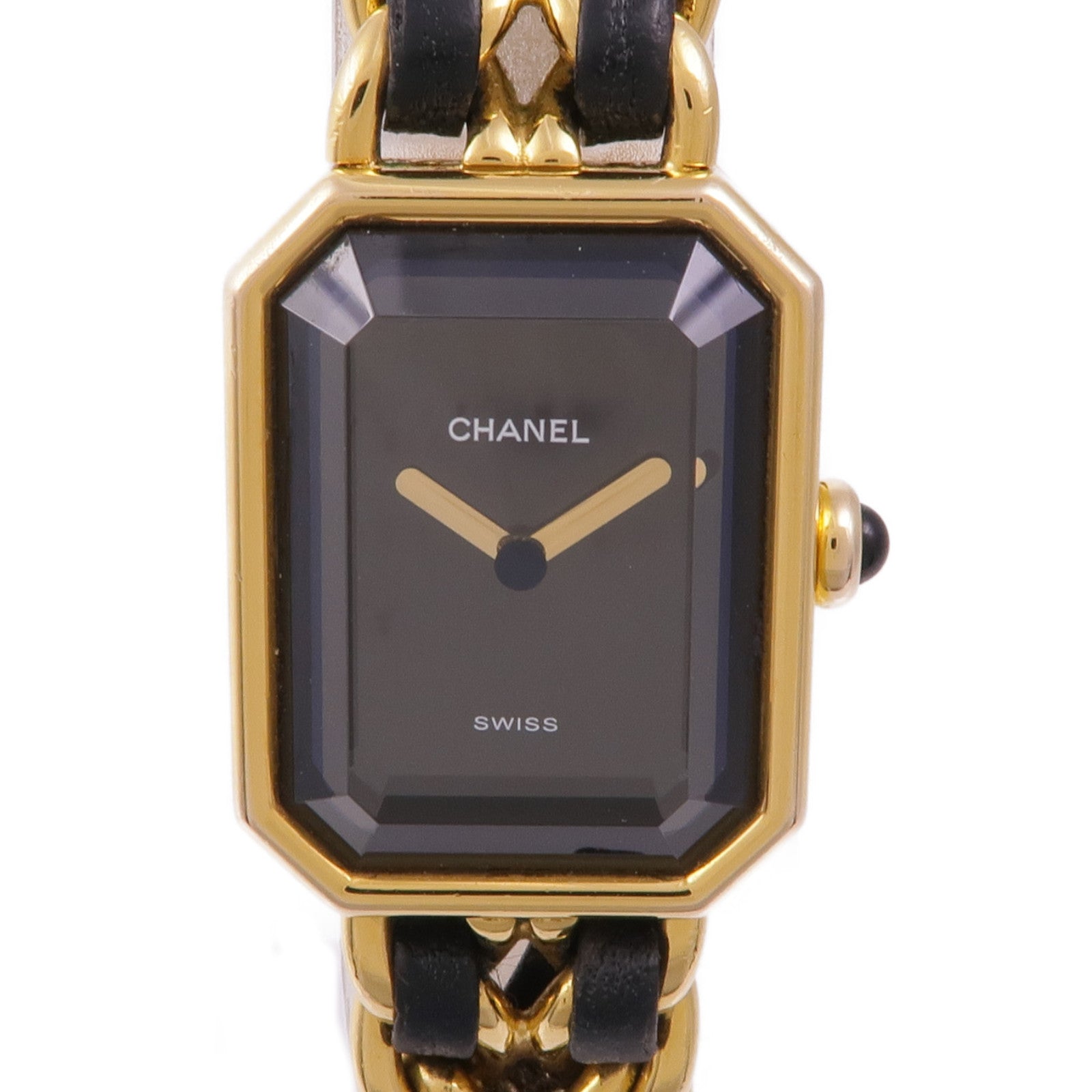 CHANEL CC Premiere M Quartz Watch Gold Plated Leather Black