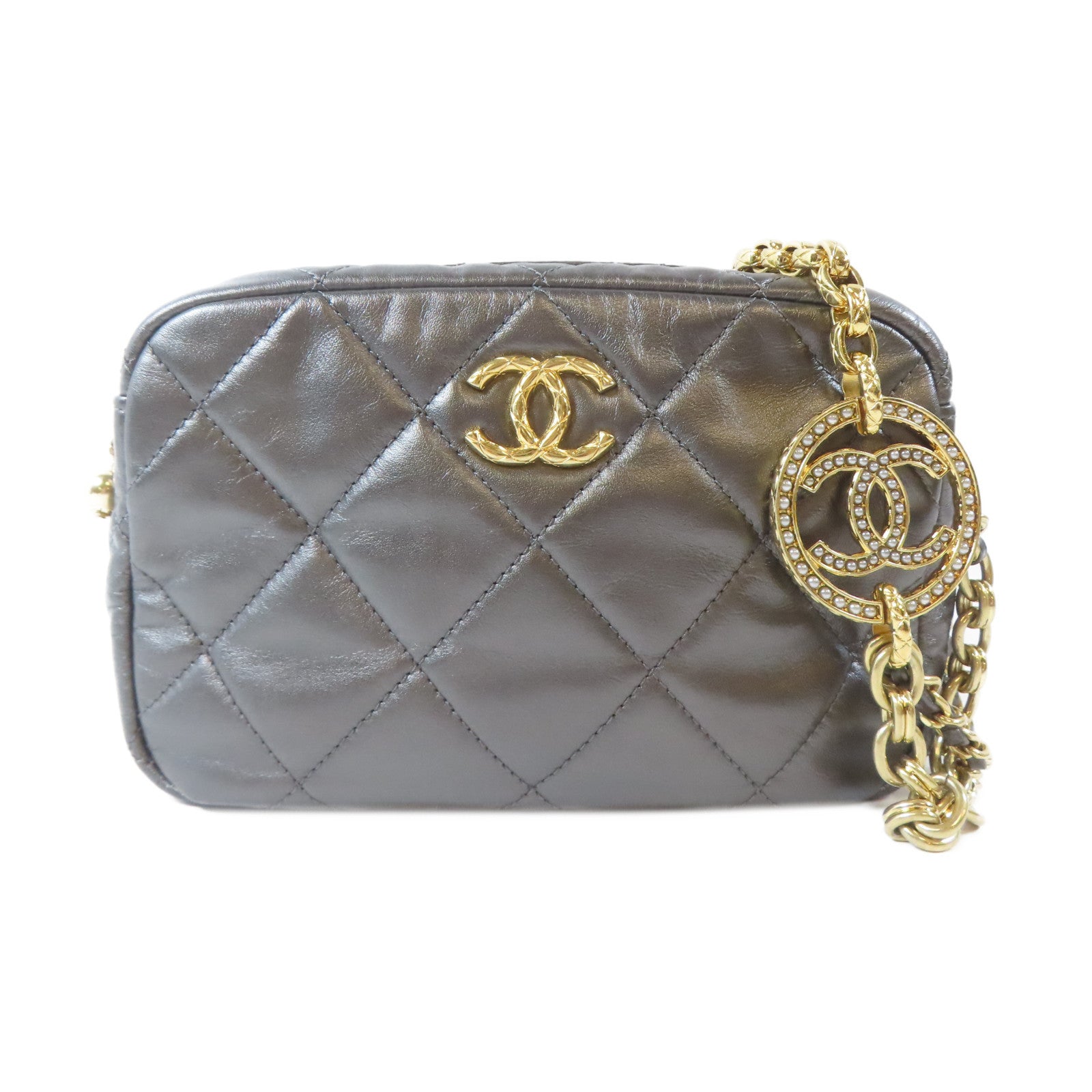 CHANEL 菱格羊皮皮革Camera Bag金扣鏈帶肩背袋灰色