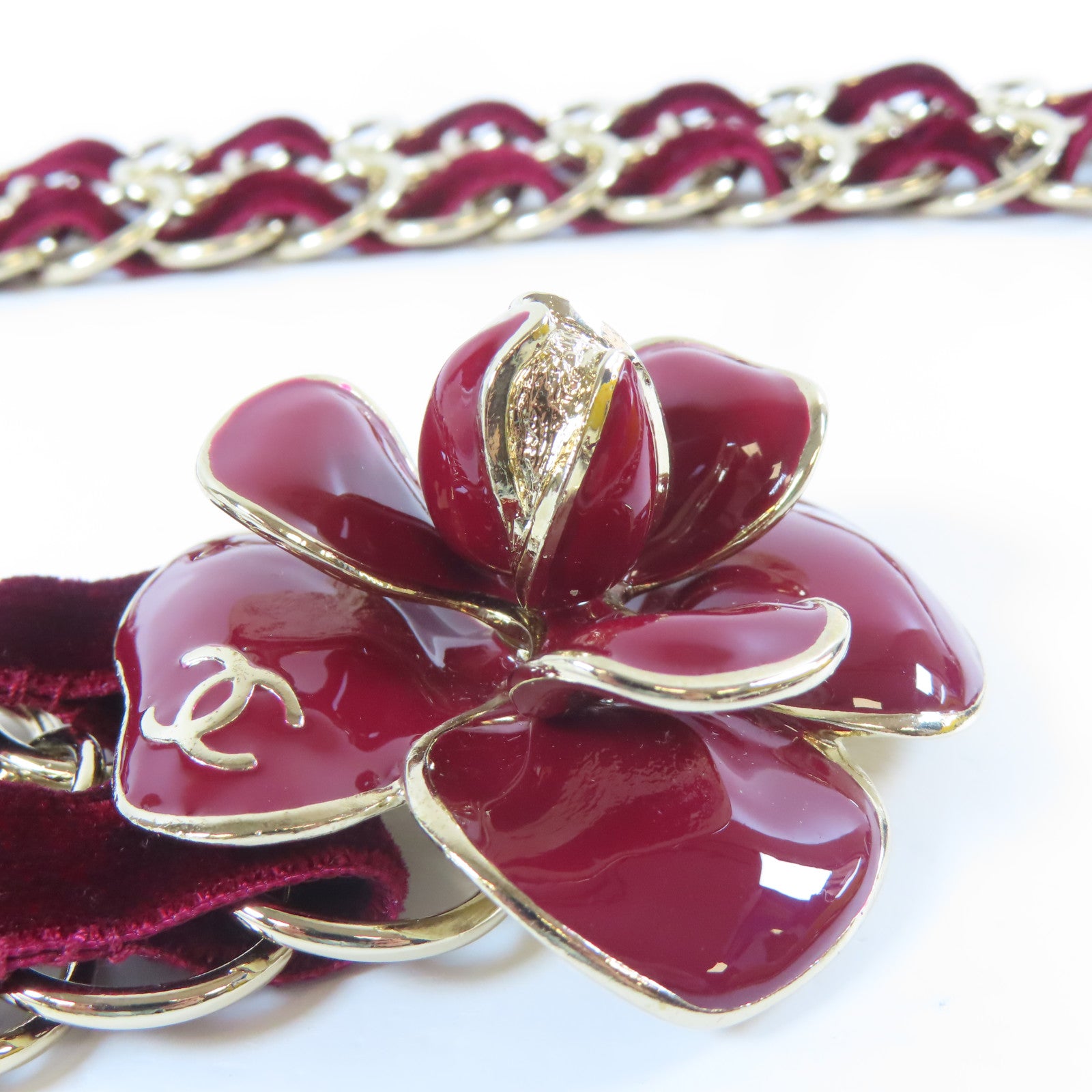 CHANEL 【激減優惠】金屬/天鵝絨Chain Belt腰帶金色/紅色