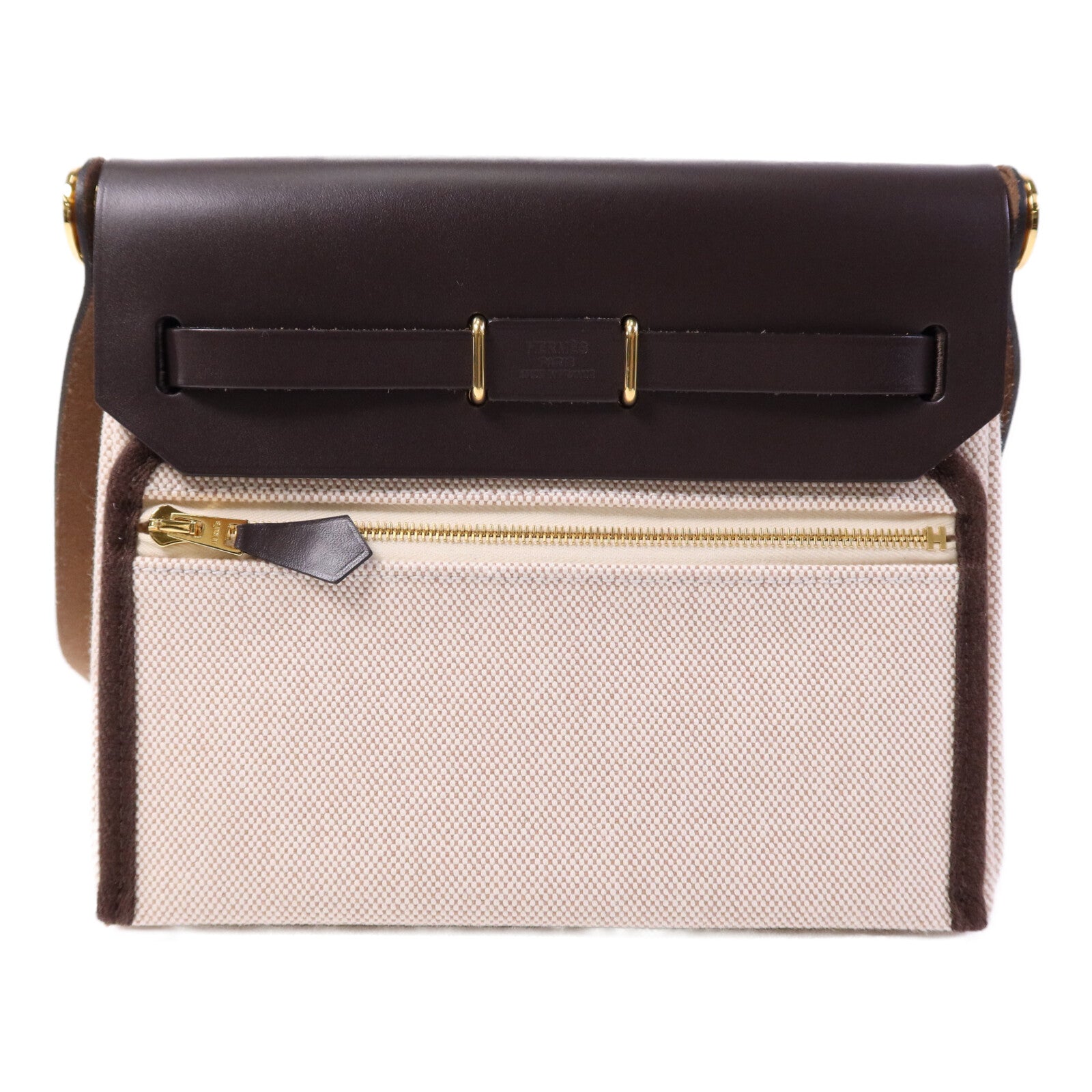 HERMES 帆布/Hunter皮革Mini Herbag金扣肩背袋Chocolat