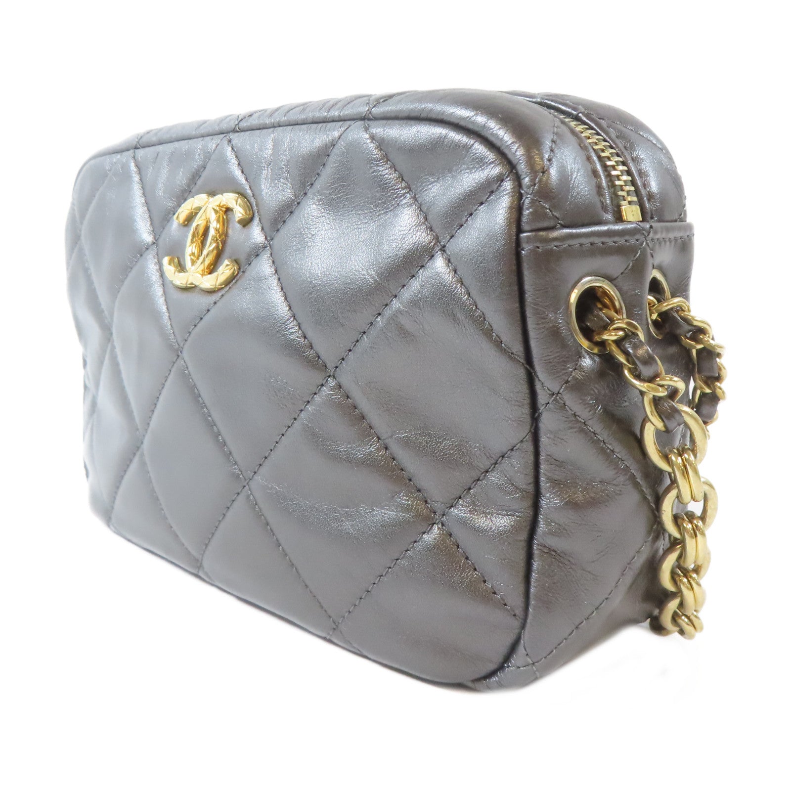CHANEL 菱格羊皮皮革Camera Bag金扣鏈帶肩背袋灰色