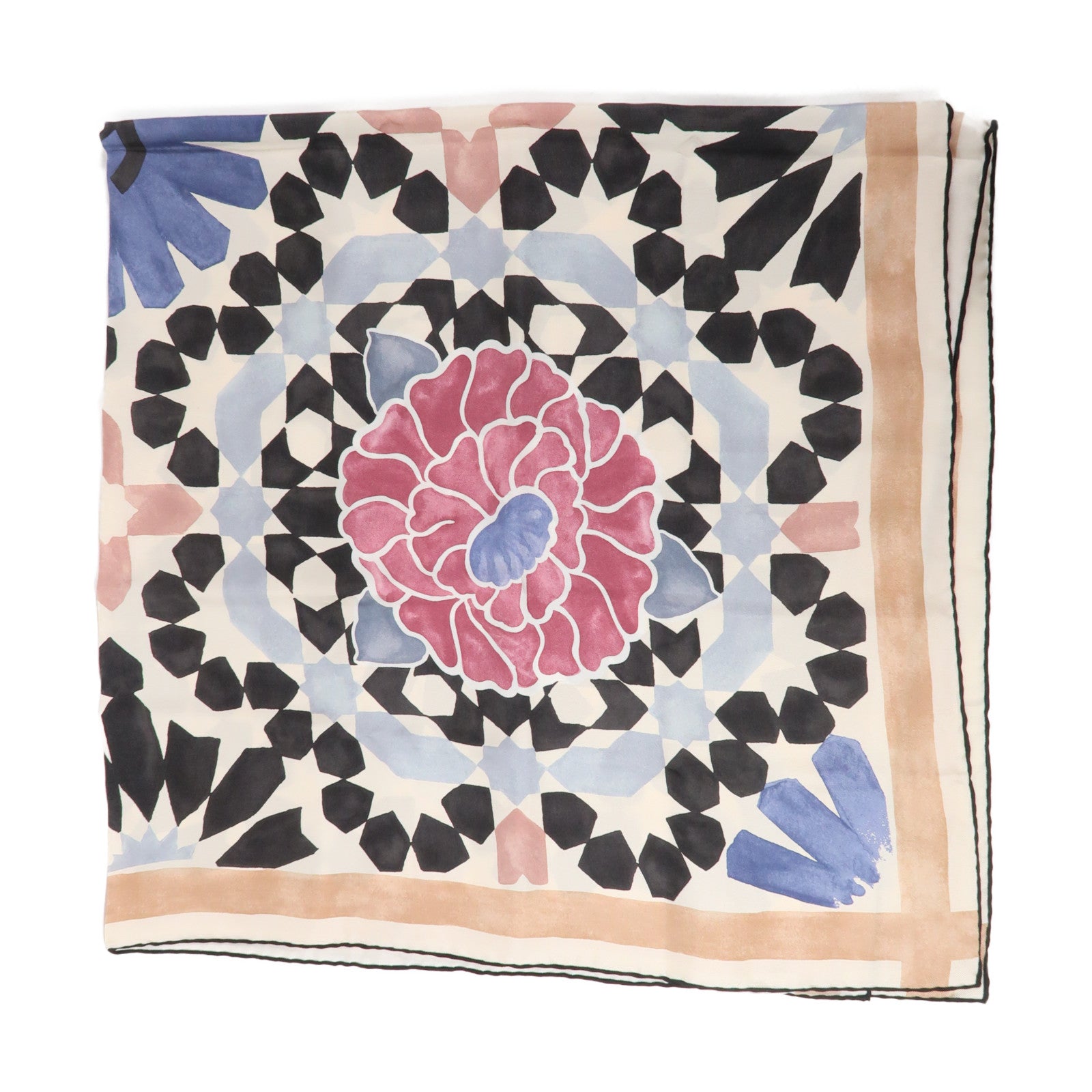 CHANEL 絲質Scarf 85x85cm圍巾米色/黑色/粉紅色