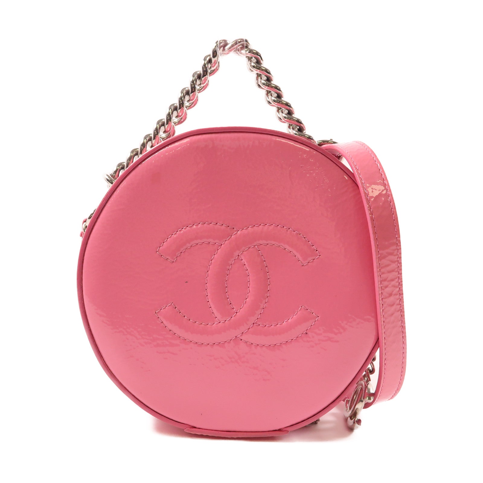 CHANEL 漆皮皮革Chain Shoulder銀扣手挽肩背兩用袋粉紅色