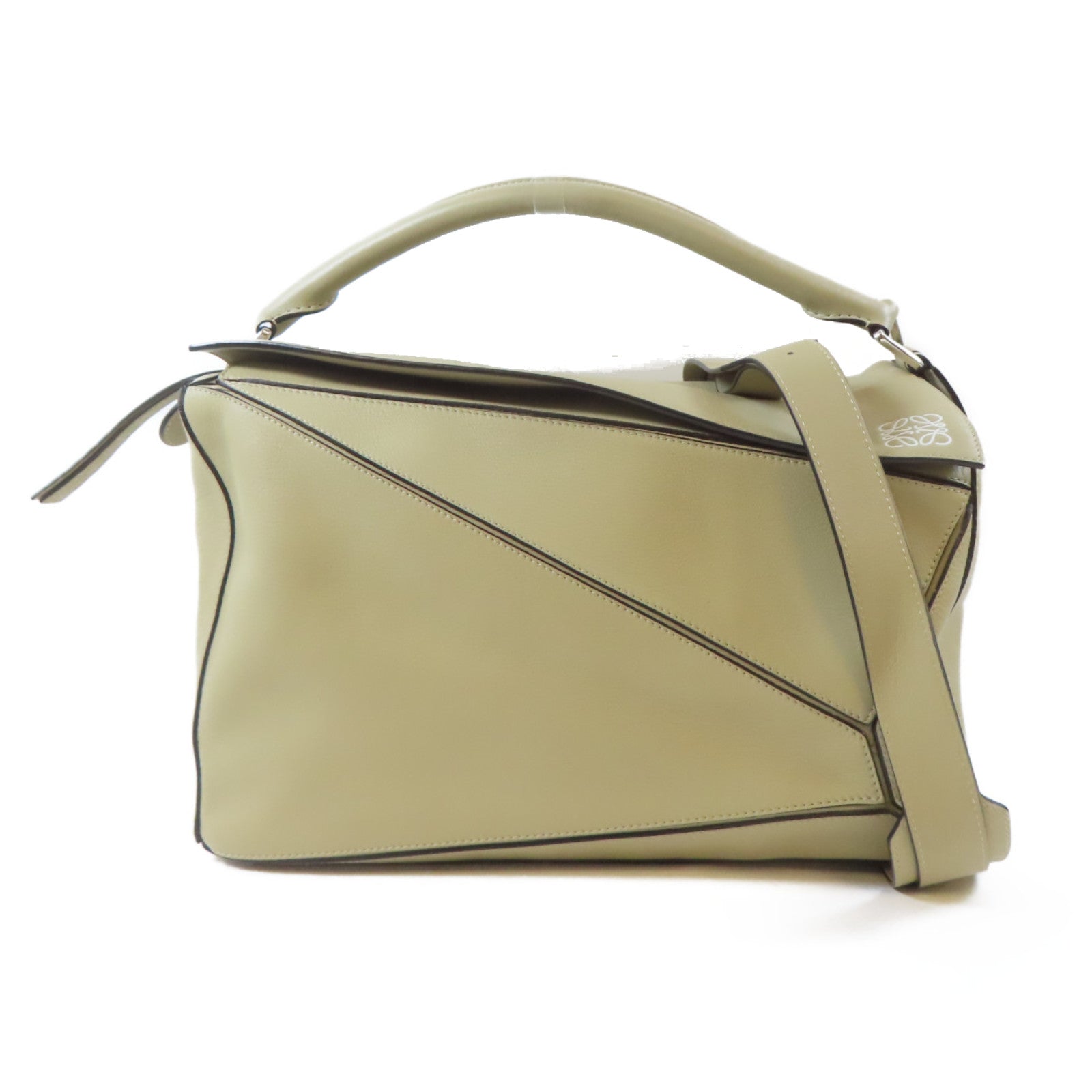 LOEWE 牛皮皮革Large Puzzle銀扣手挽肩背兩用袋淺褐色