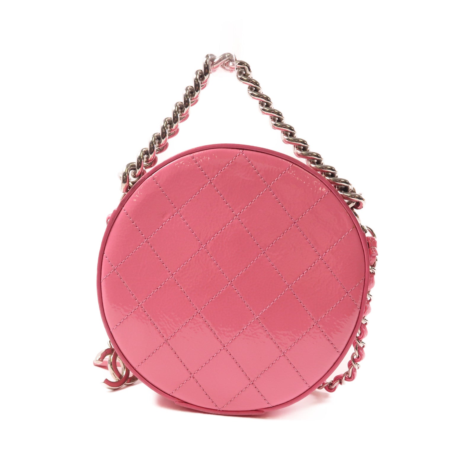 CHANEL 漆皮皮革Chain Shoulder銀扣手挽肩背兩用袋粉紅色