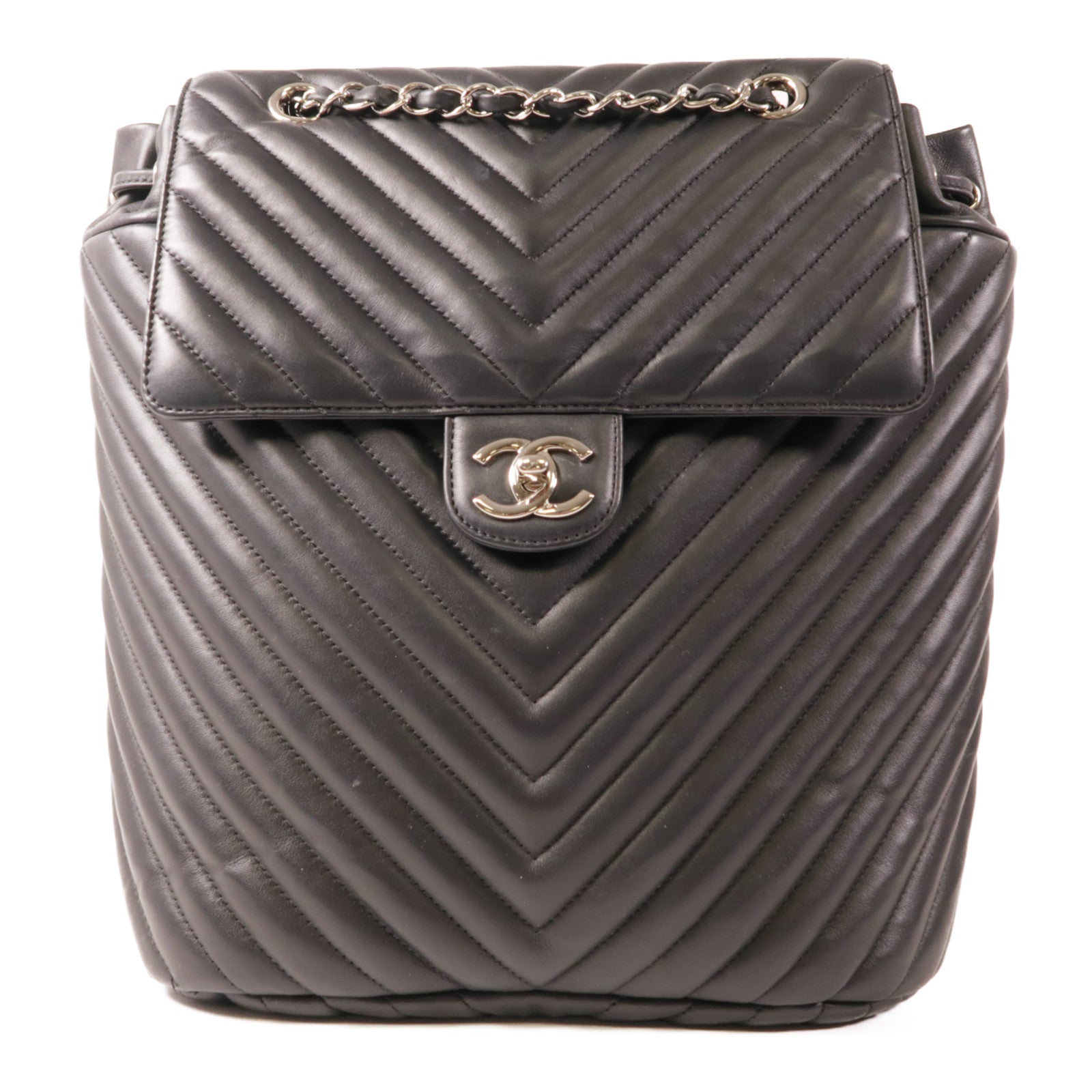 CHANEL 牛皮皮革Chevon Backpack銀扣背包