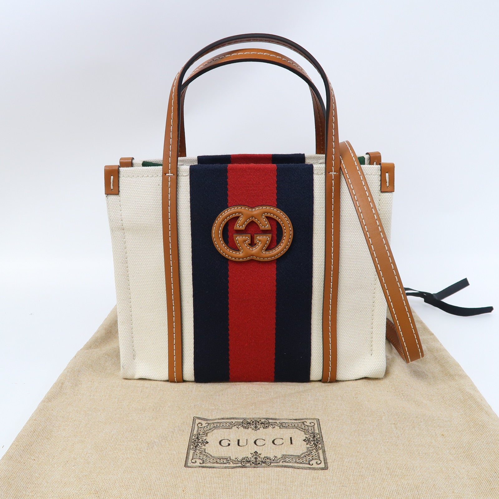 GUCCI 帆布Interlocking Tote金扣手挽肩背兩用袋白色/啡色
