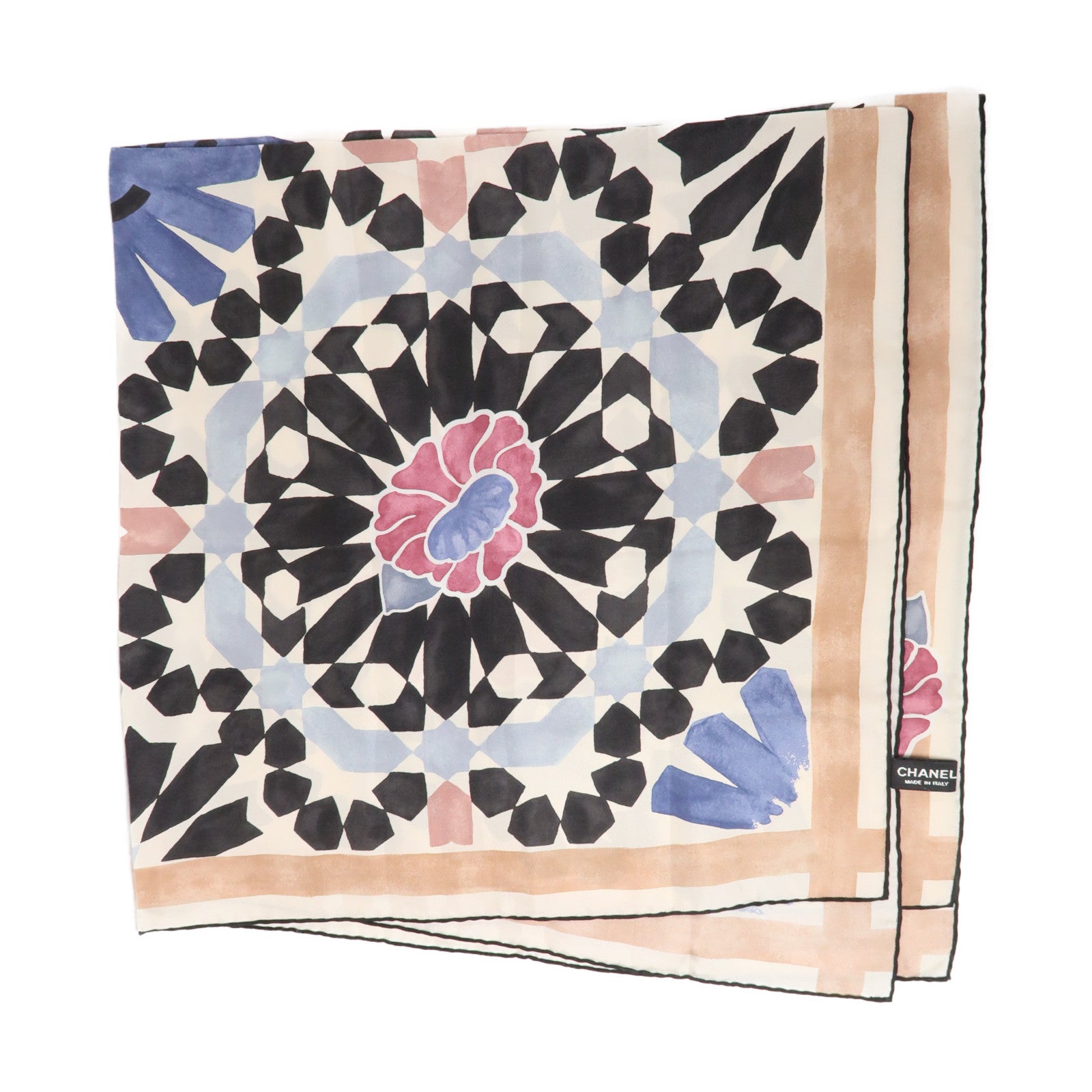 CHANEL 絲質Scarf 85x85cm圍巾米色/黑色/粉紅色