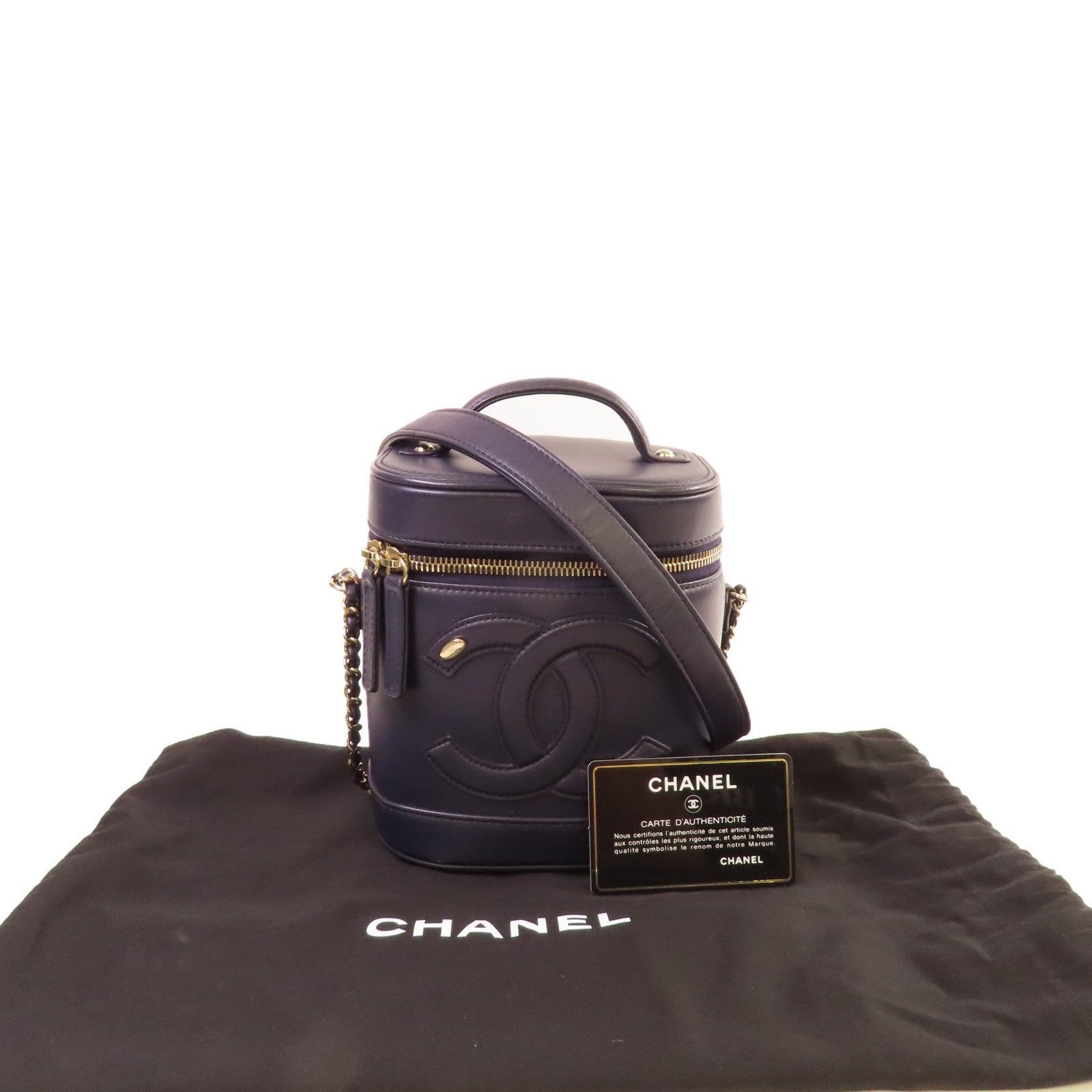 CHANEL 【激減優惠】羊皮皮革Vanity Case Chain Shoulder Bag鏈帶肩背袋深藍色