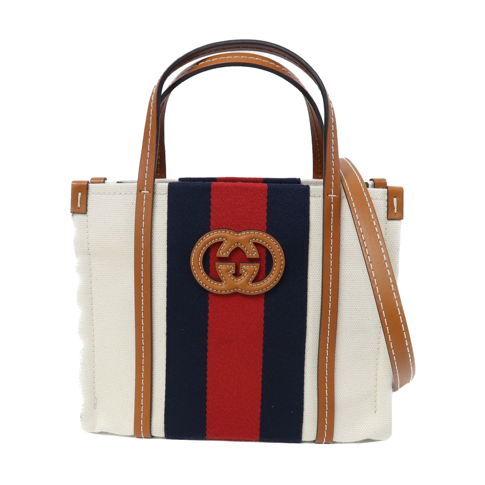 GUCCI 帆布Interlocking Tote金扣手挽肩背兩用袋白色/啡色