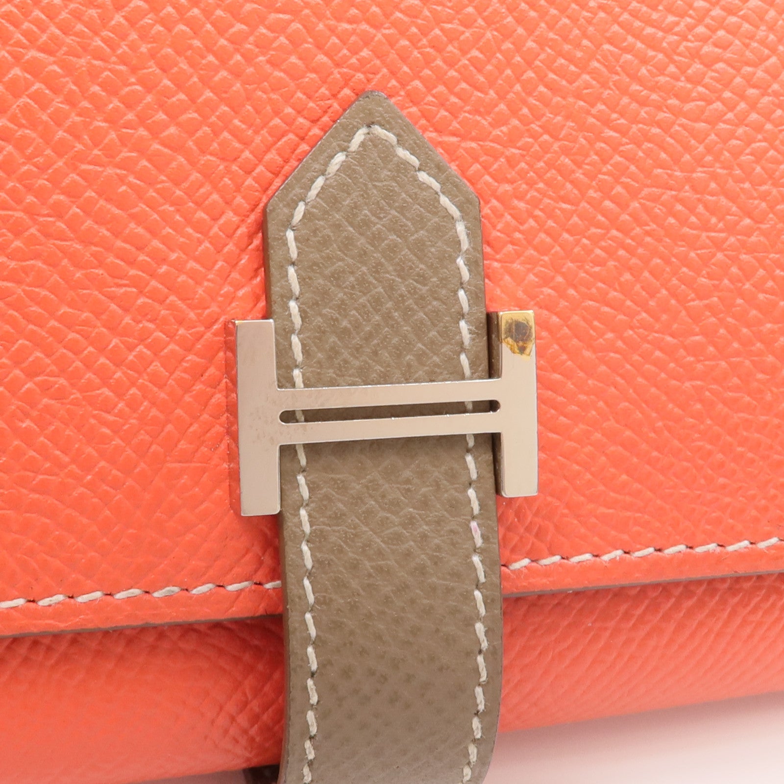 HERMES Epsom皮革Bearn Tri-Fold銀扣長錢包Rouge Casaque/Etoupe