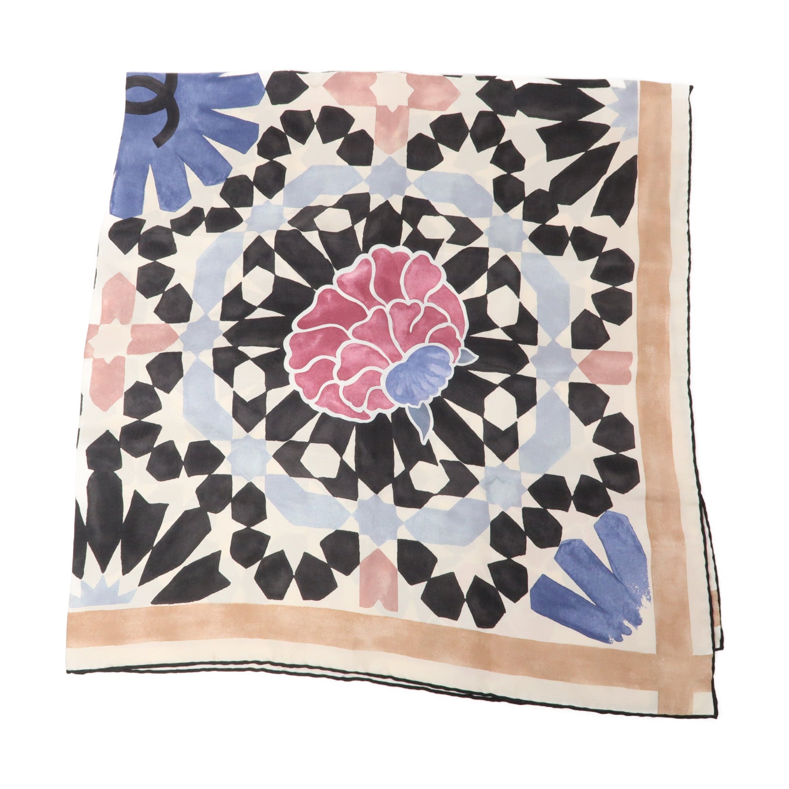 CHANEL 絲質Scarf 85x85cm圍巾米色/黑色/粉紅色