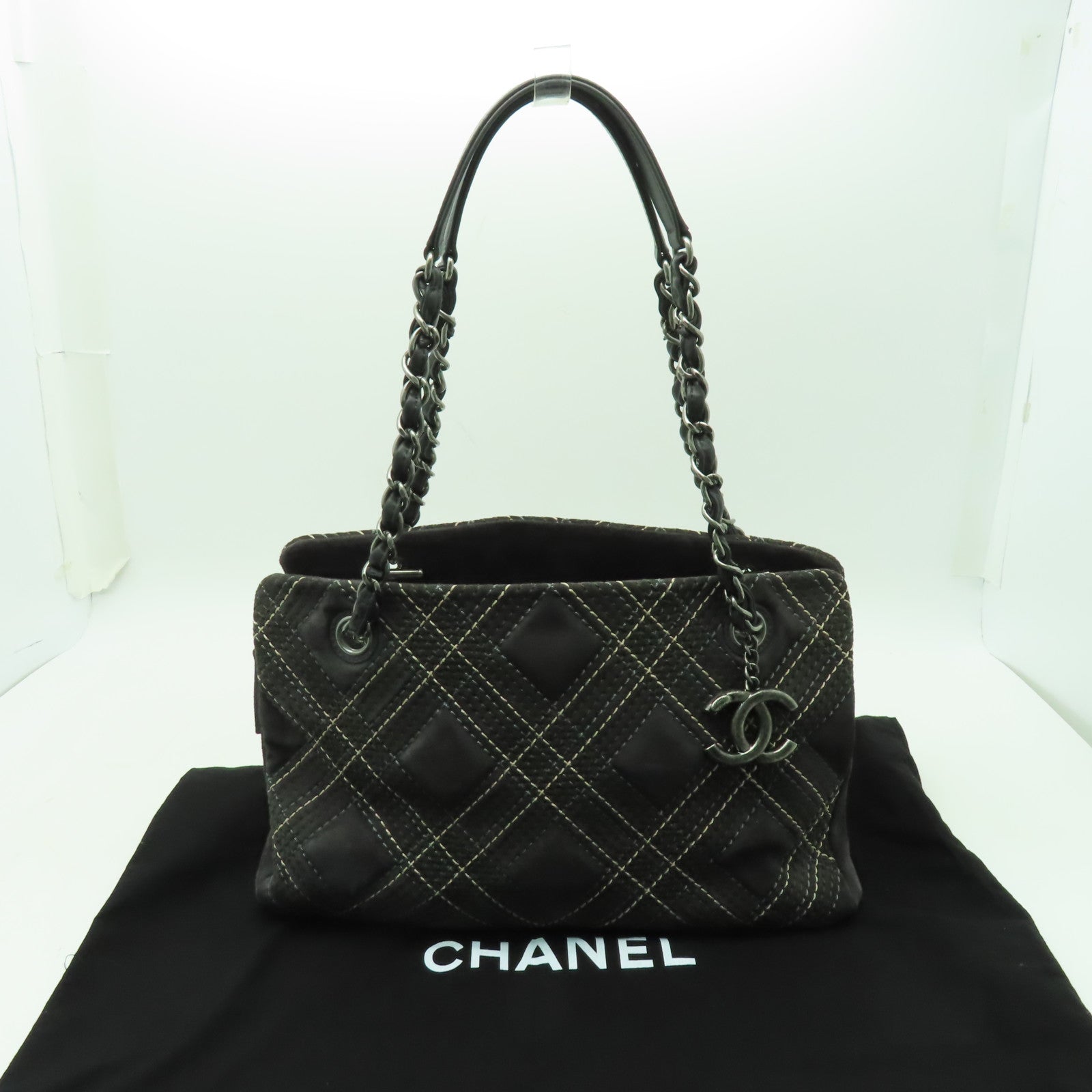 CHANEL 【清倉大減價】麂皮皮革Chain Shoulder Bag銀扣鏈帶肩背袋灰色