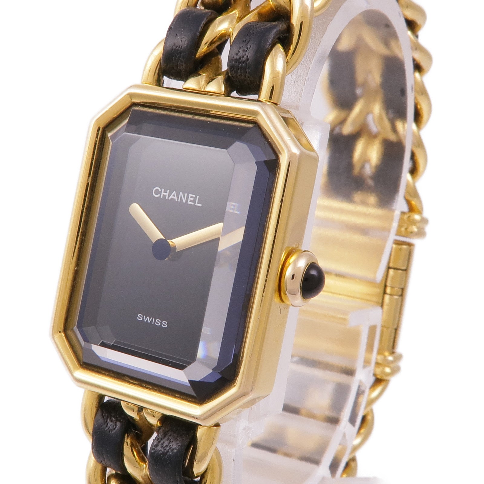 CHANEL CC Premiere M Quartz Watch Gold Plated Leather Black