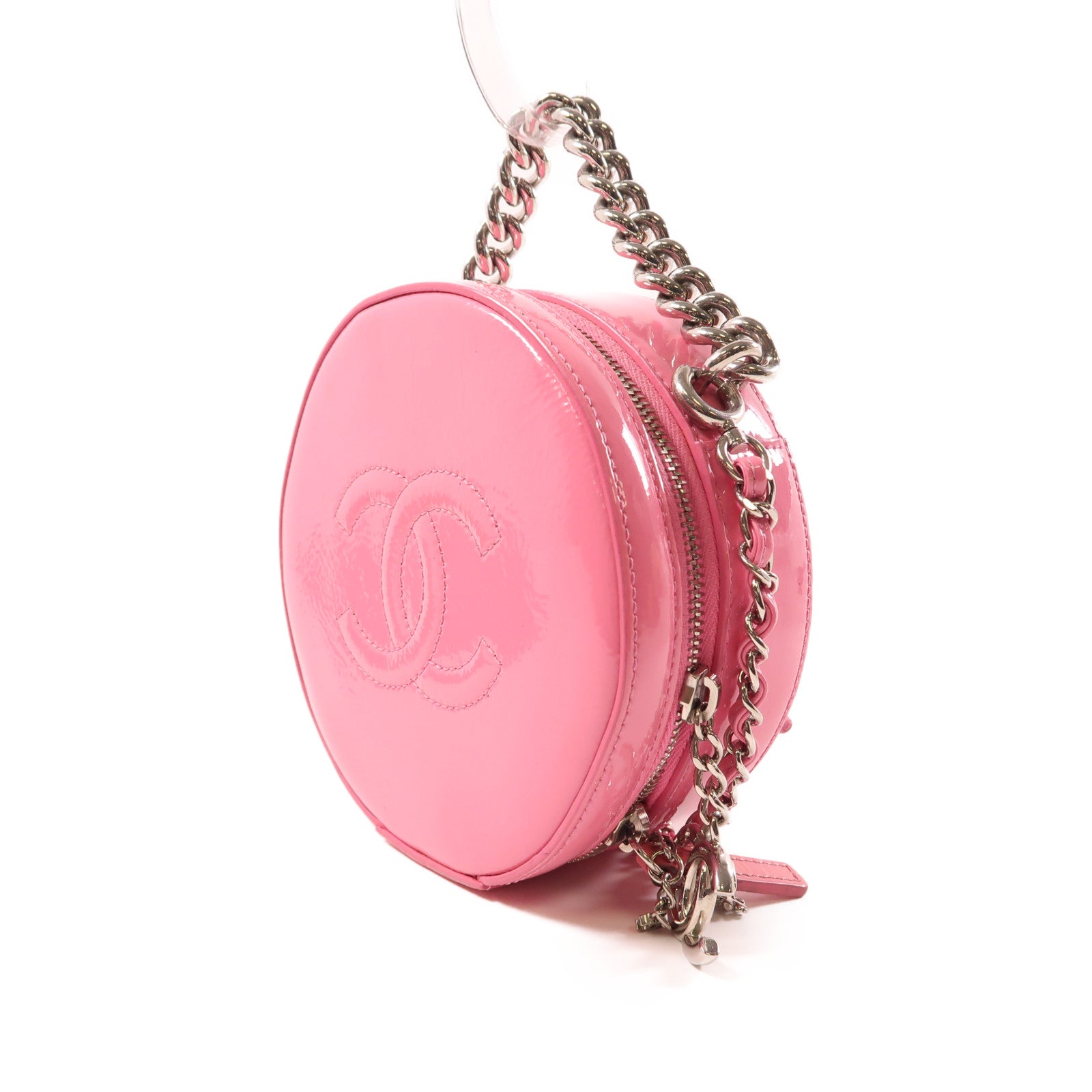 CHANEL 漆皮皮革Chain Shoulder銀扣手挽肩背兩用袋粉紅色