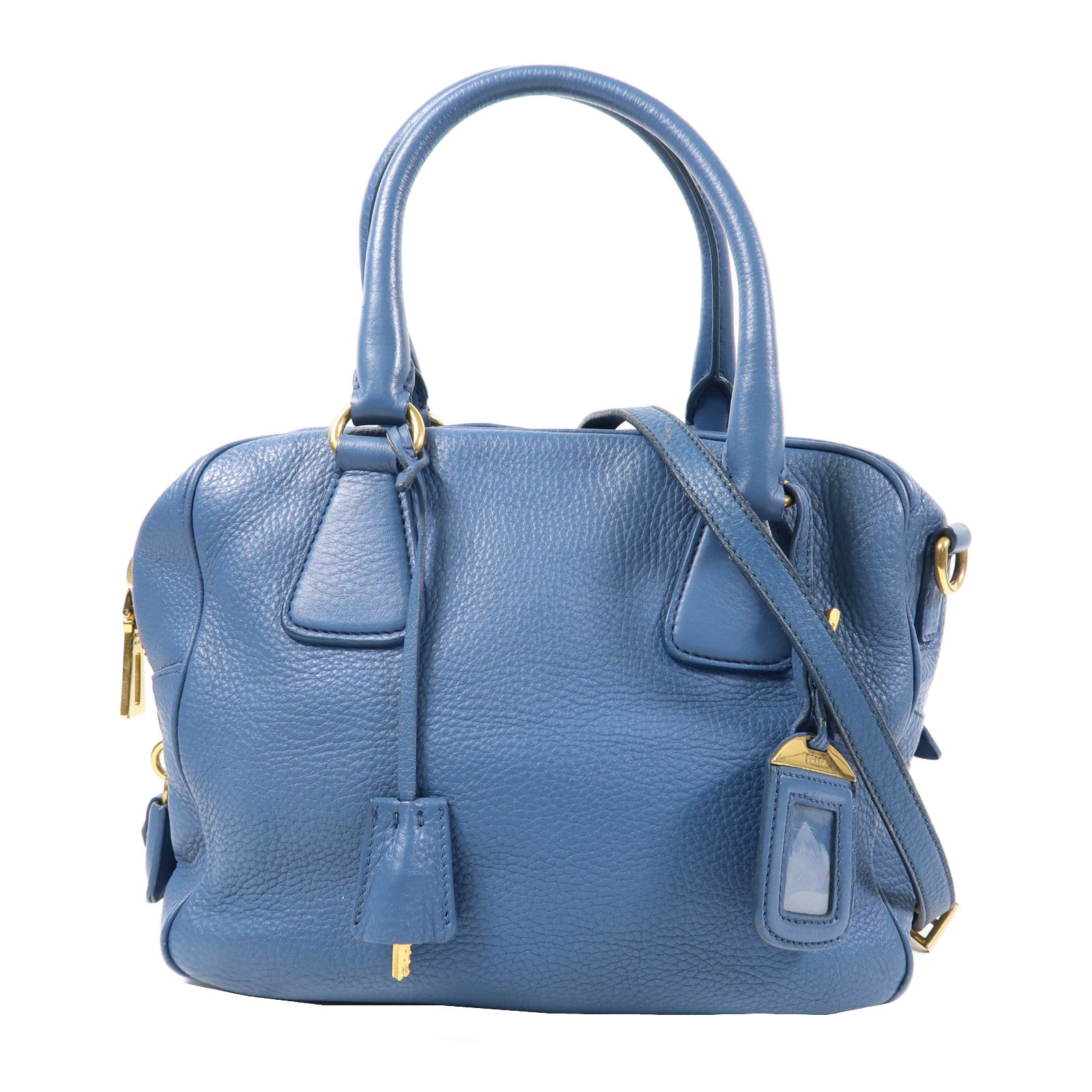 PRADA 牛皮皮革Boston Bag金扣手挽肩背兩用袋藍色