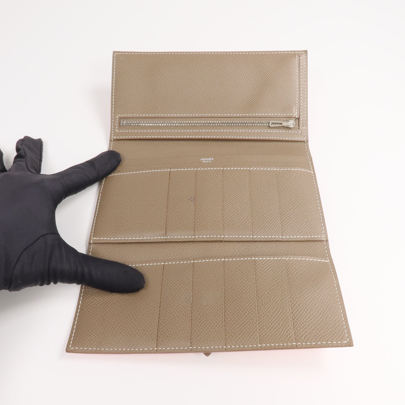 HERMES Epsom皮革Bearn Tri-Fold銀扣長錢包Rouge Casaque/Etoupe