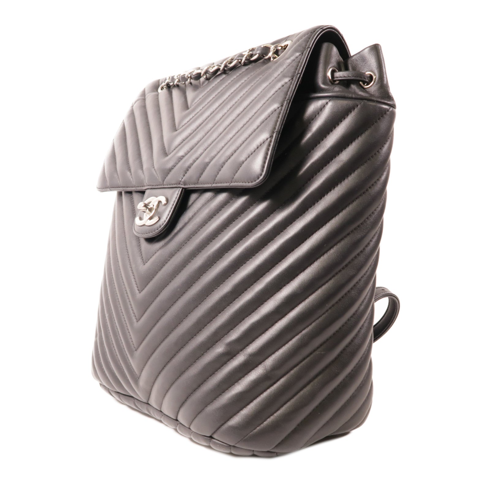 CHANEL 牛皮皮革Chevon Backpack銀扣背包