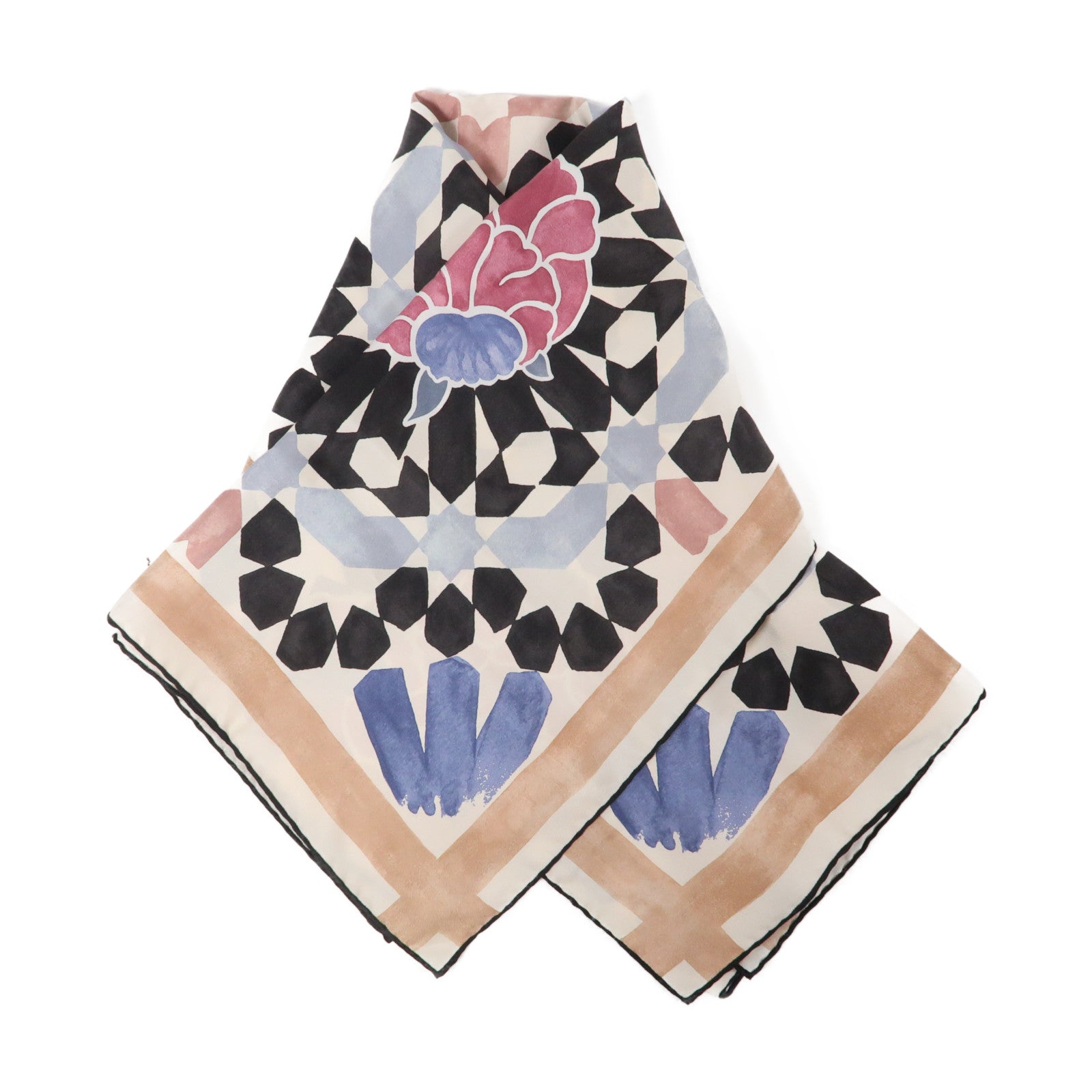 CHANEL 絲質Scarf 85x85cm圍巾米色/黑色/粉紅色