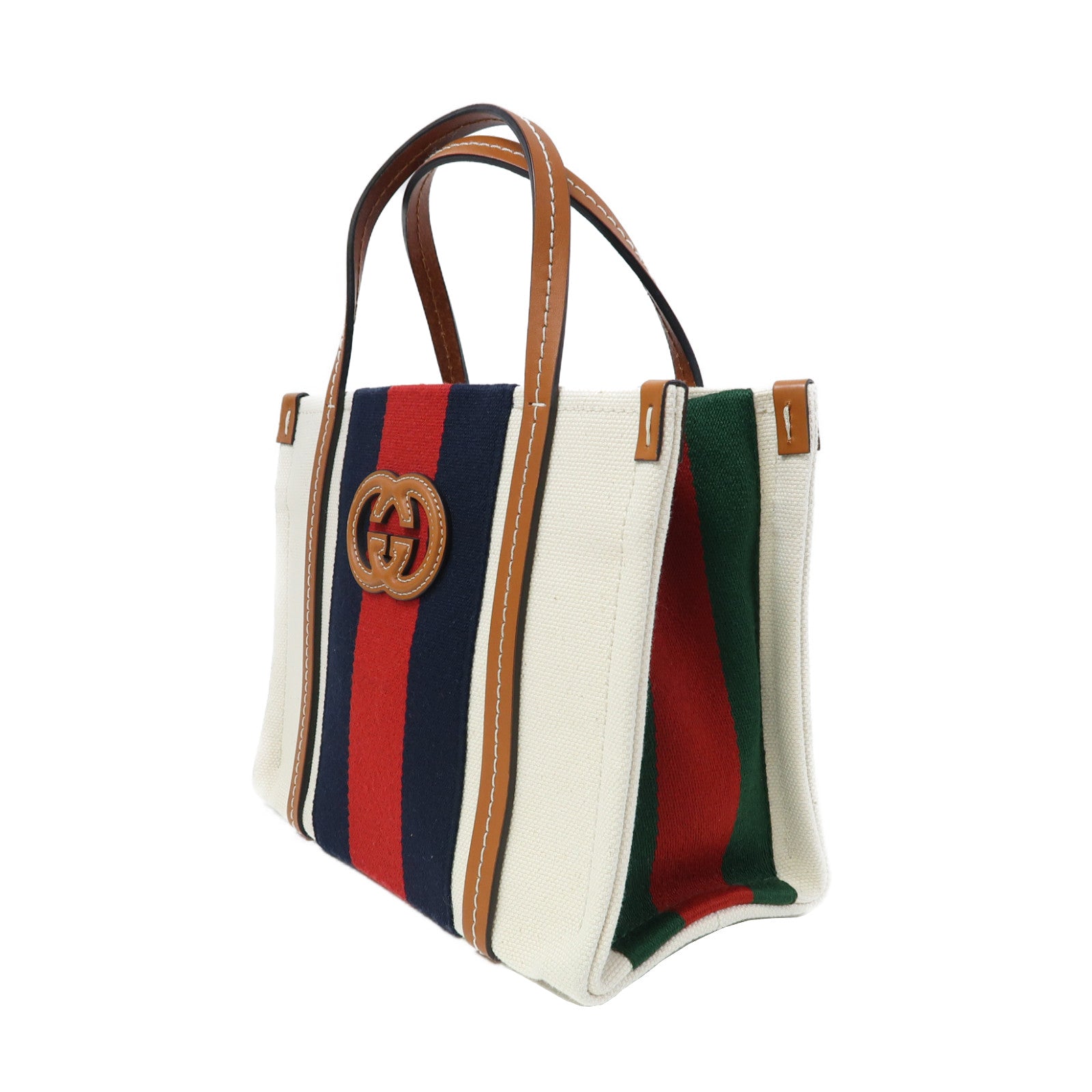 GUCCI 帆布Interlocking Tote金扣手挽肩背兩用袋白色/啡色