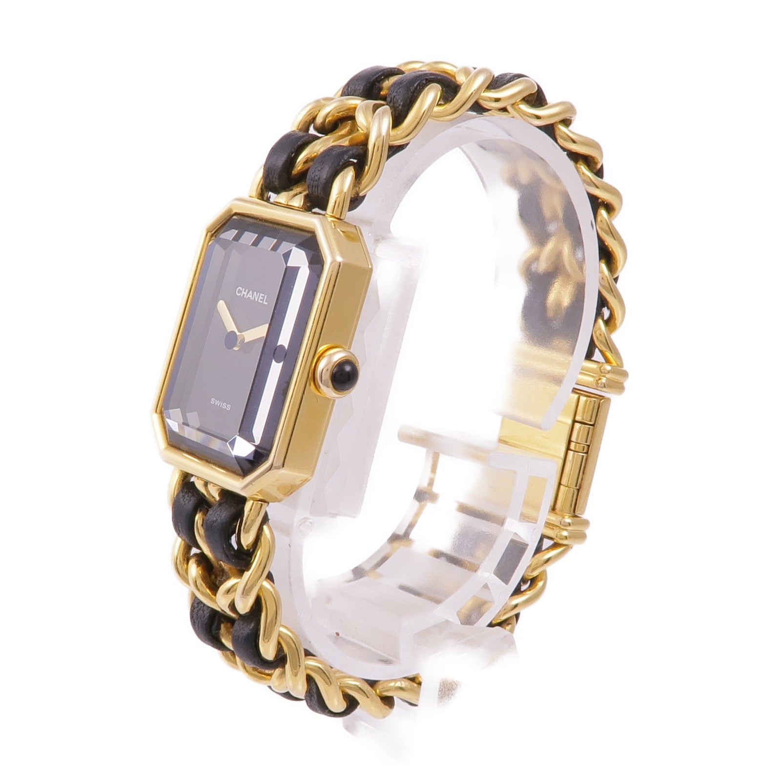 CHANEL CC Premiere M Quartz Watch Gold Plated Leather Black