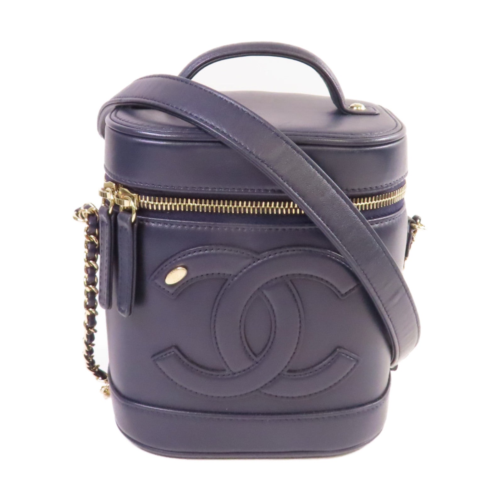 CHANEL 【激減優惠】羊皮皮革Vanity Case Chain Shoulder Bag鏈帶肩背袋深藍色