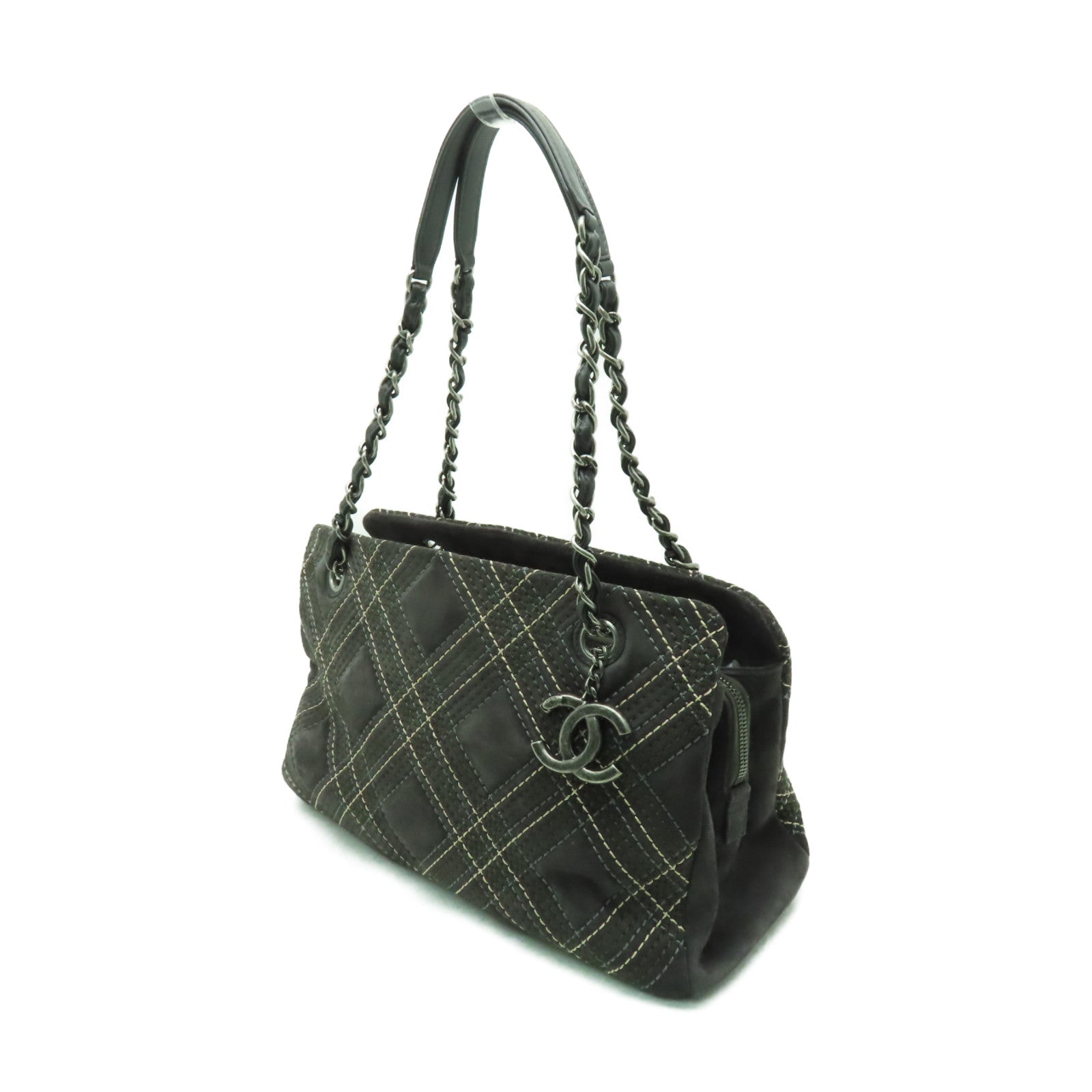CHANEL 【清倉大減價】麂皮皮革Chain Shoulder Bag銀扣鏈帶肩背袋灰色
