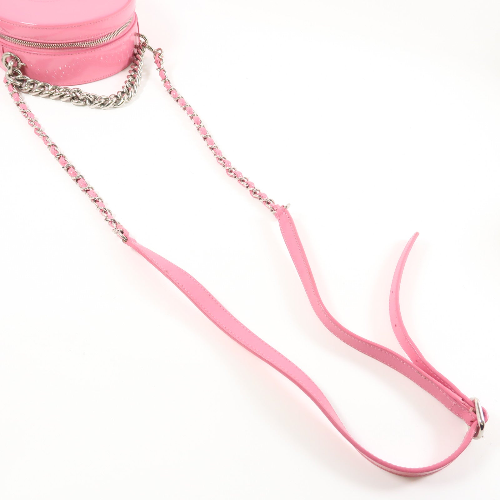 CHANEL 漆皮皮革Chain Shoulder銀扣手挽肩背兩用袋粉紅色