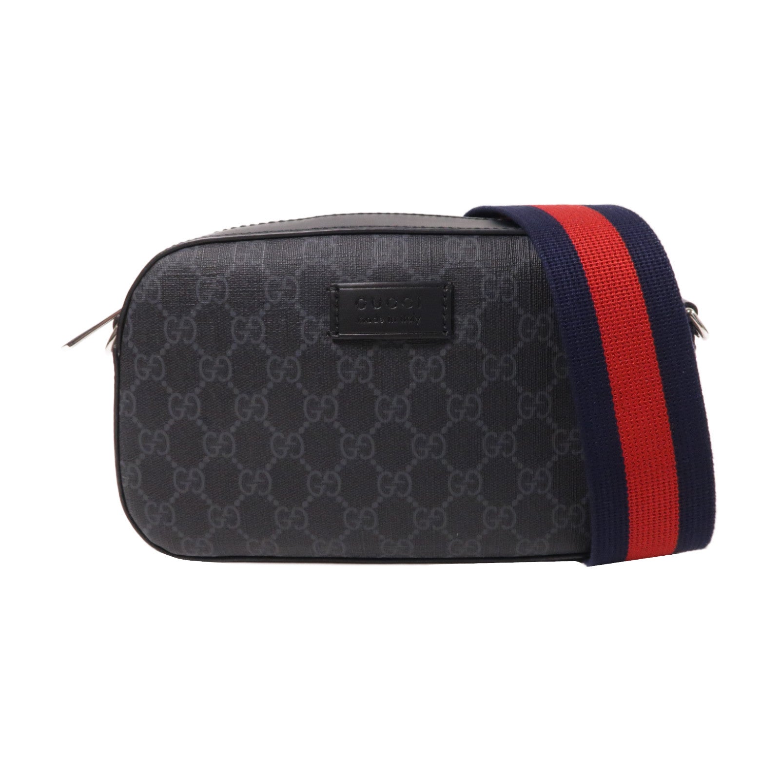 GUCCI 塗層帆布GG Supreme銀扣肩背袋黑色