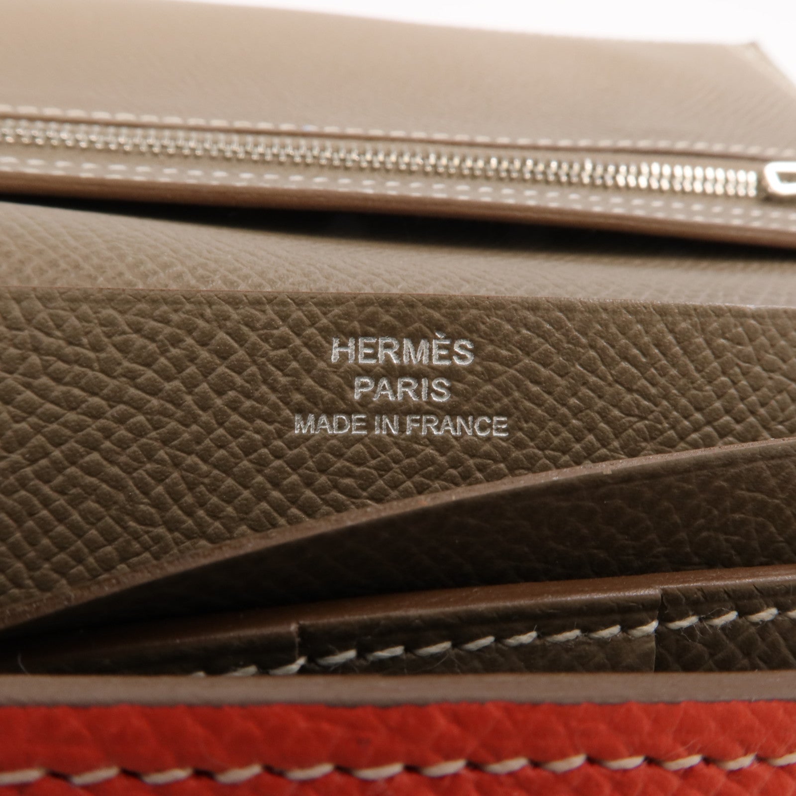 HERMES Epsom皮革Bearn Tri-Fold銀扣長錢包Rouge Casaque/Etoupe