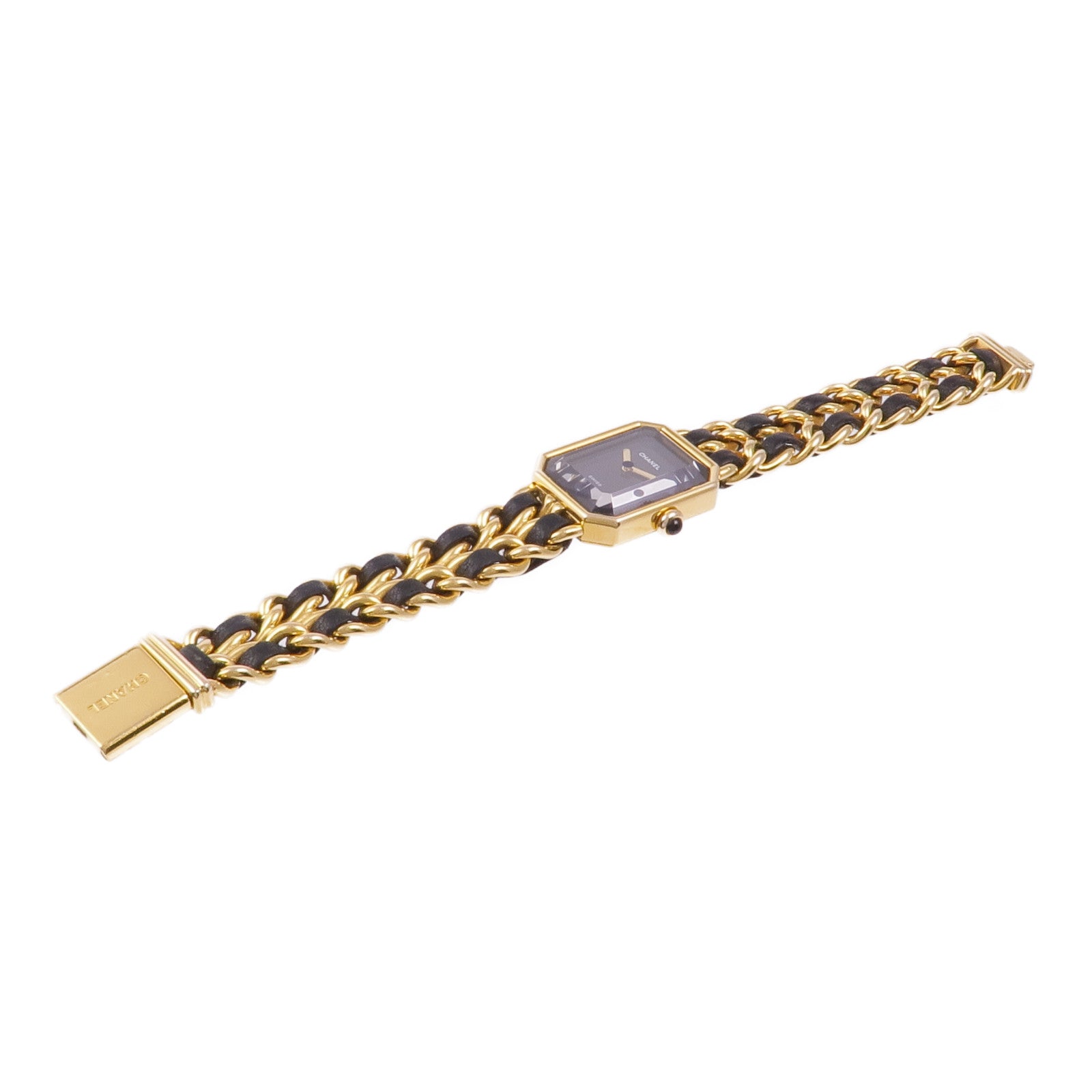 CHANEL CC Premiere M Quartz Watch Gold Plated Leather Black