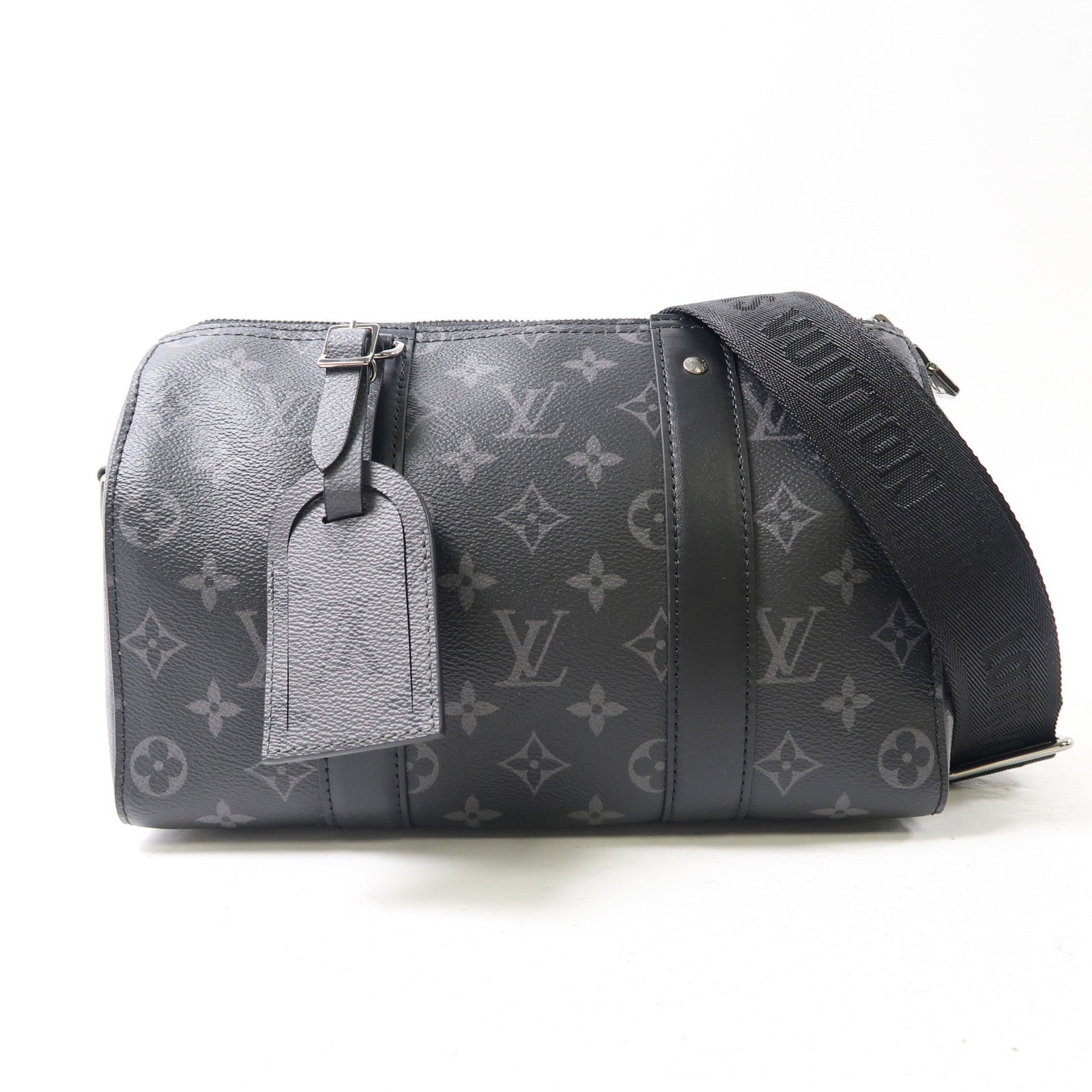 LOUIS VUITTON Monogram Eclipse Keepall Bandouliere銀扣肩背袋黑色