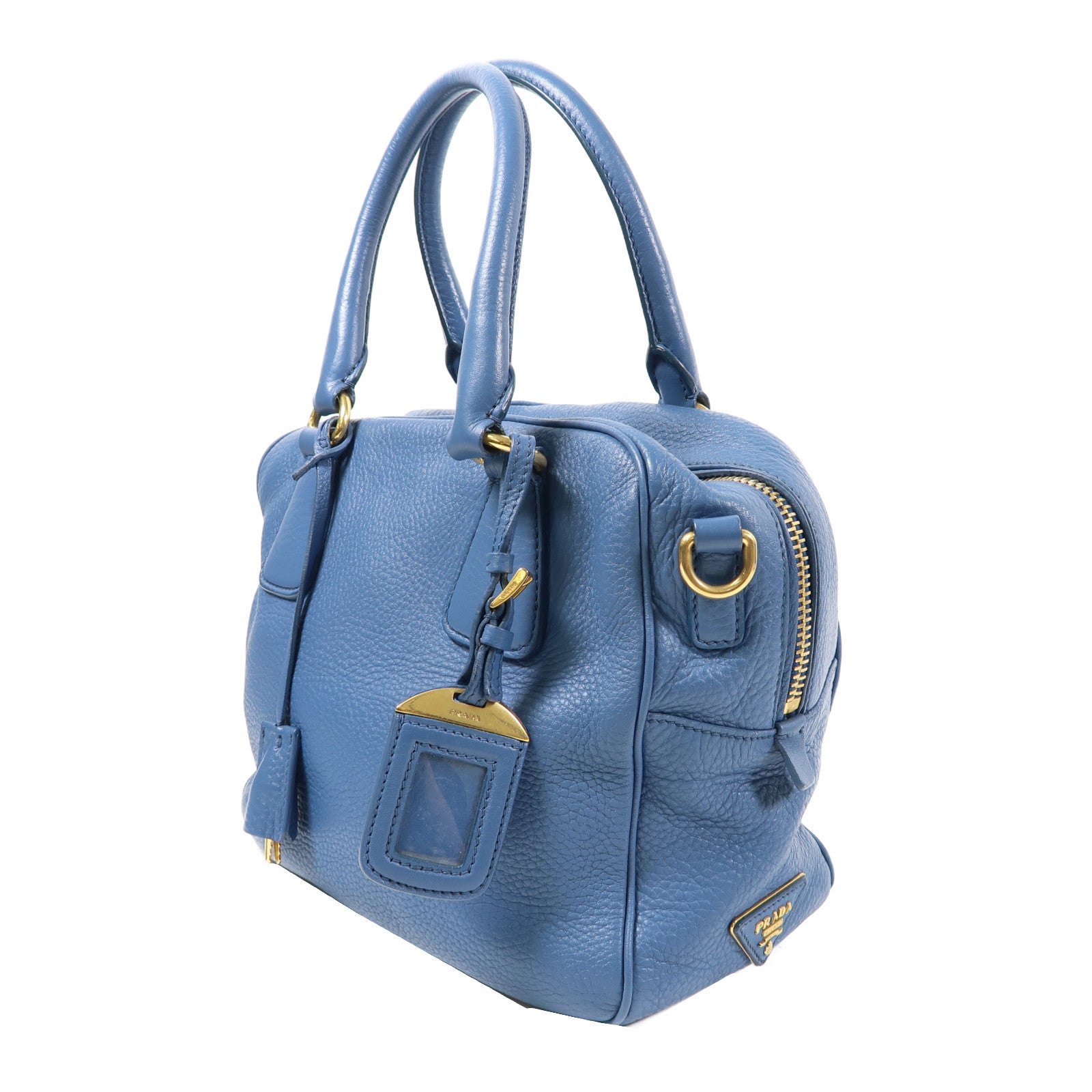 PRADA 牛皮皮革Boston Bag金扣手挽肩背兩用袋藍色