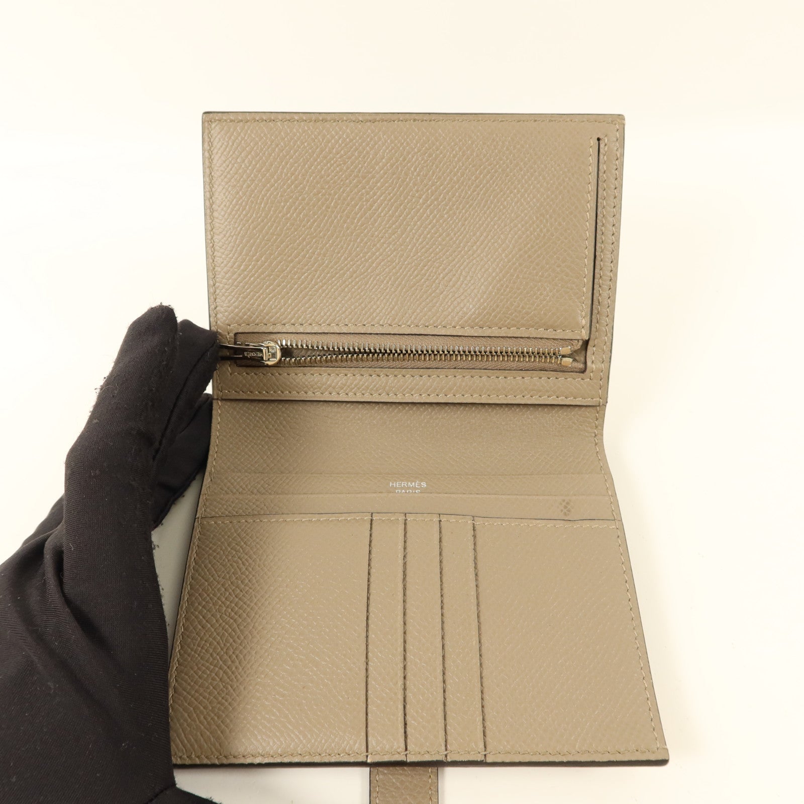 HERMES Epsom皮革Bearn Compact Wallet銀扣錢包Gris Asphalte