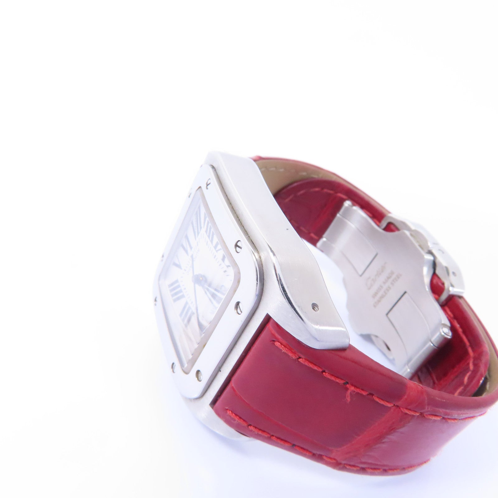 CARTIER Santos 100不鏽鋼/皮革手錶自動機芯白色