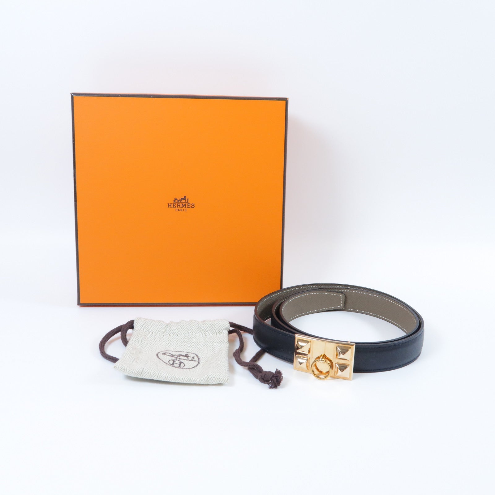 HERMES **【激減優惠】Epsom皮革Belt金扣皮帶Noir黑色/Etoupe大象灰色
