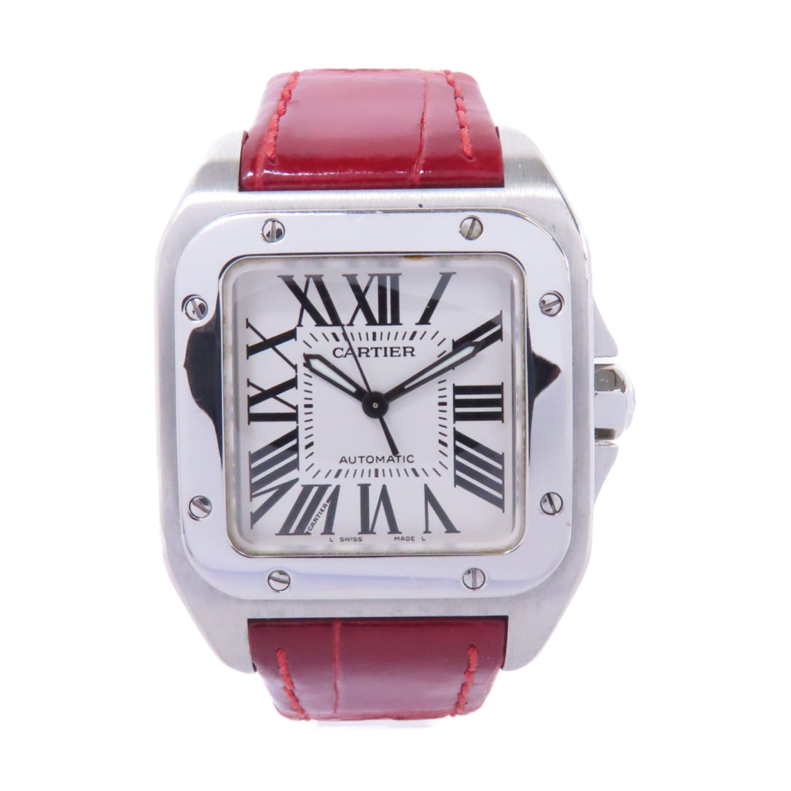 CARTIER Santos 100不鏽鋼/皮革手錶自動機芯白色