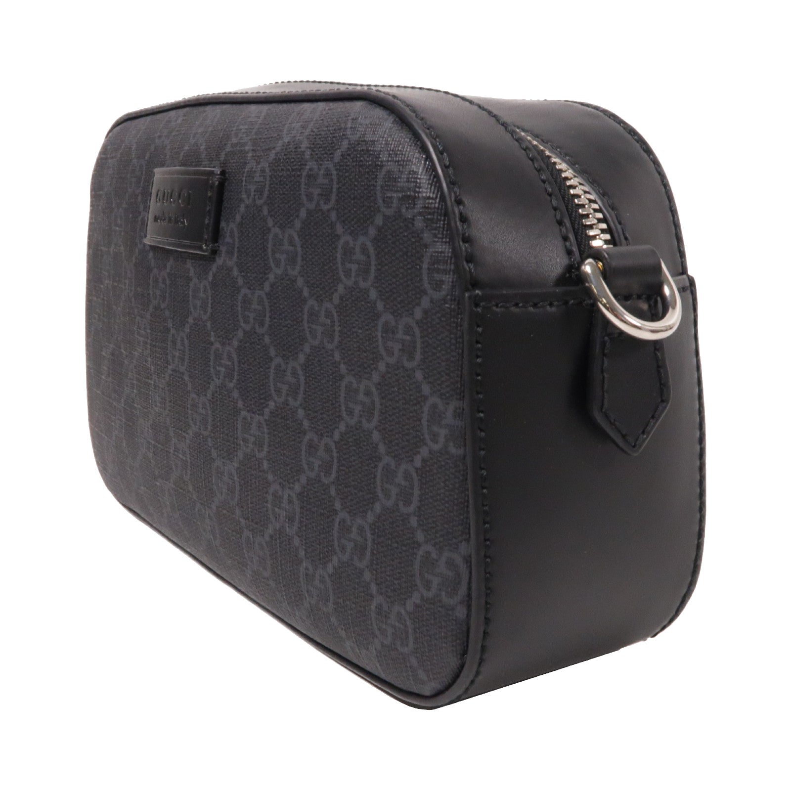 GUCCI 塗層帆布GG Supreme銀扣肩背袋黑色