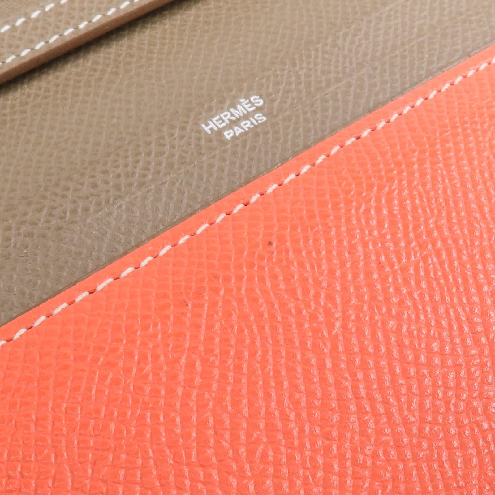 HERMES Epsom皮革Bearn Tri-Fold銀扣長錢包Rouge Casaque/Etoupe