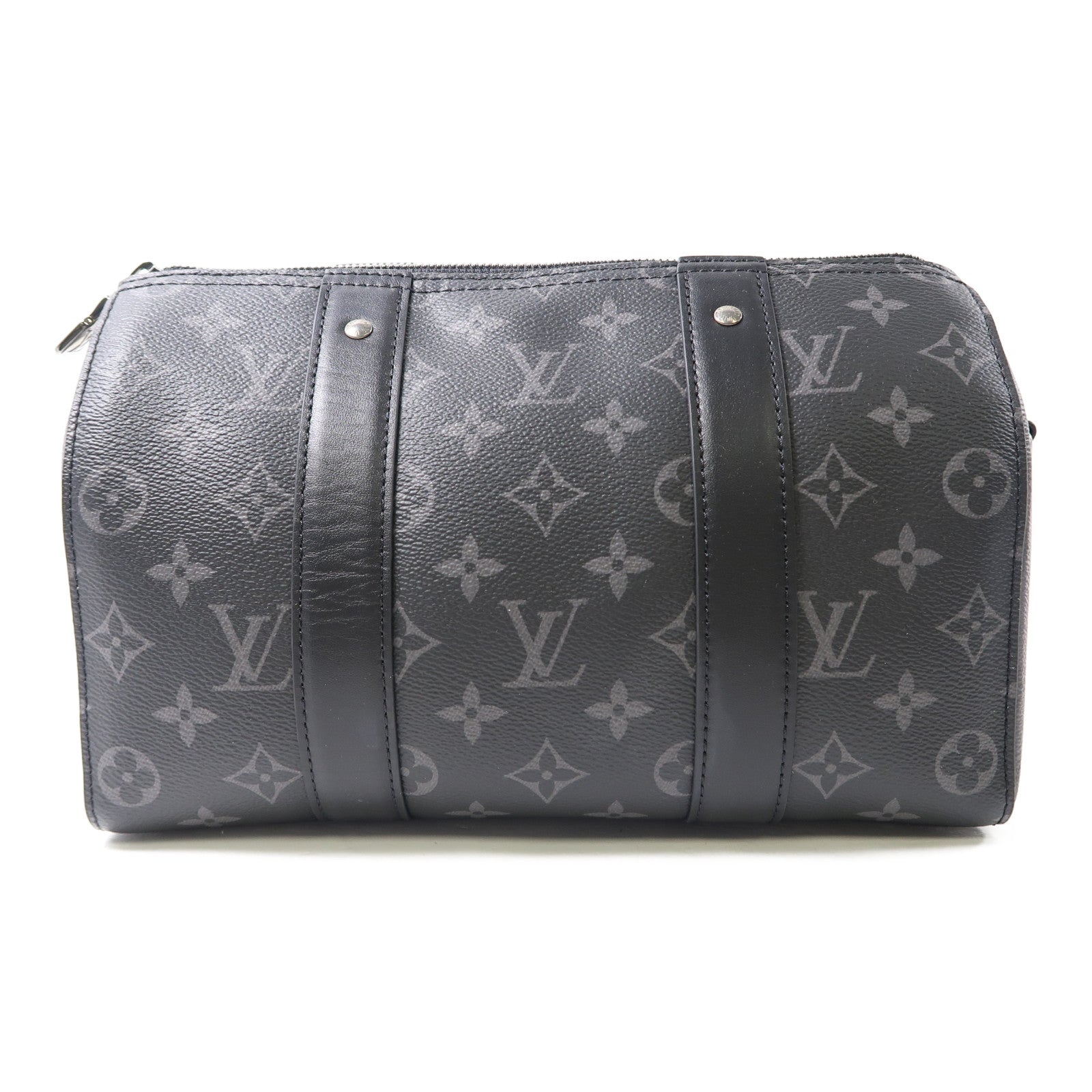 LOUIS VUITTON Monogram Eclipse Keepall Bandouliere銀扣肩背袋黑色