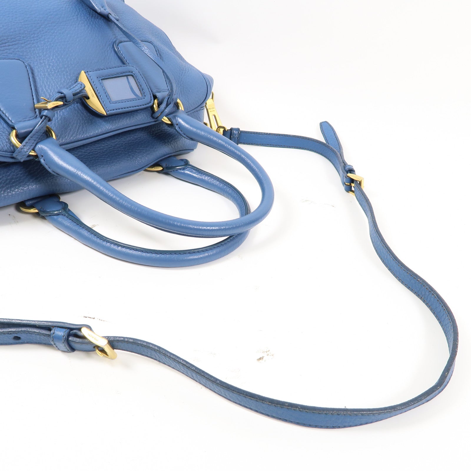 PRADA 牛皮皮革Boston Bag金扣手挽肩背兩用袋藍色