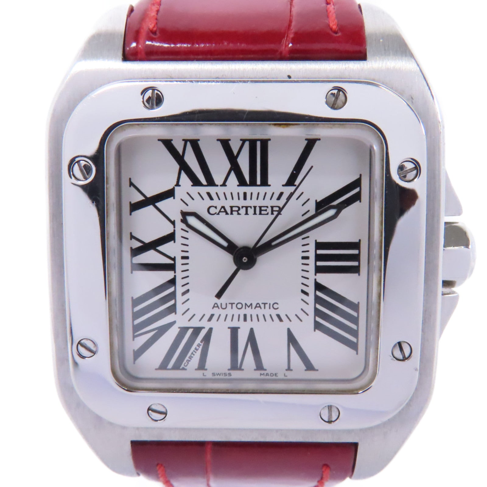 CARTIER Santos 100不鏽鋼/皮革手錶自動機芯白色