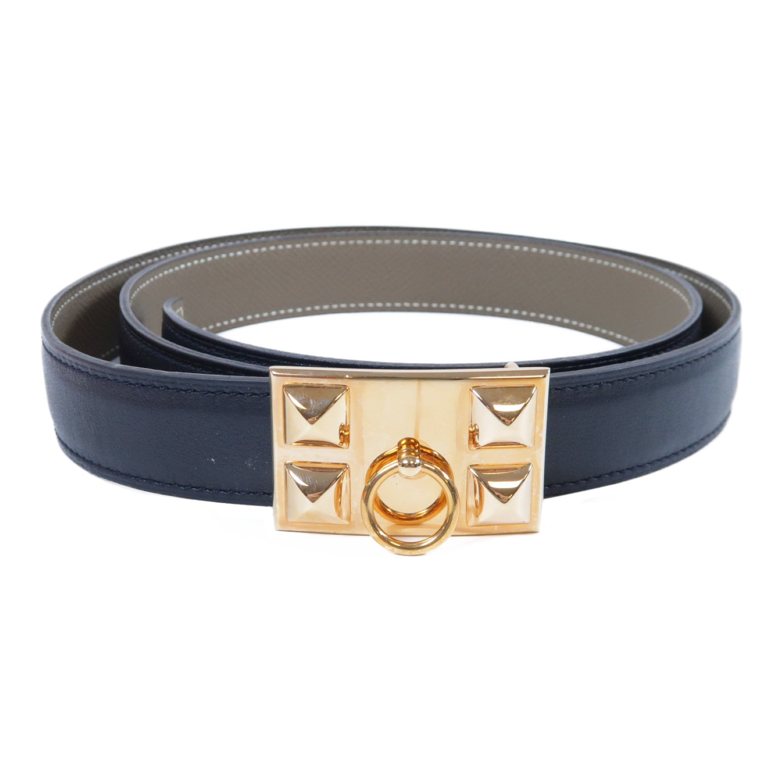 HERMES **【激減優惠】Epsom皮革Belt金扣皮帶Noir黑色/Etoupe大象灰色