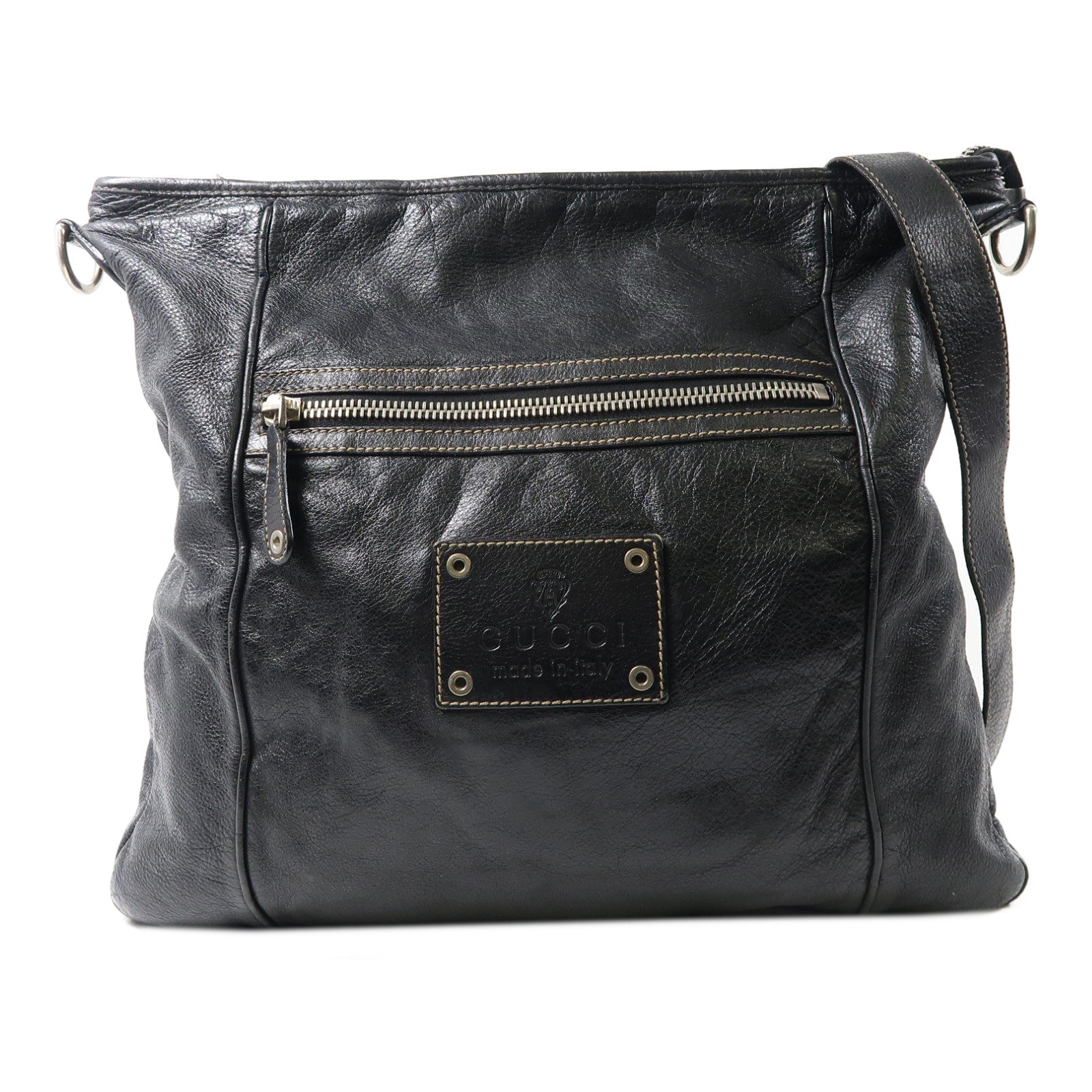 GUCCI 牛皮皮革Messenger Bag銀扣肩背袋黑色