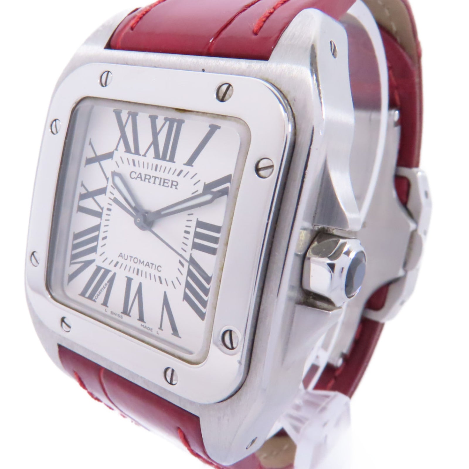 CARTIER Santos 100不鏽鋼/皮革手錶自動機芯白色