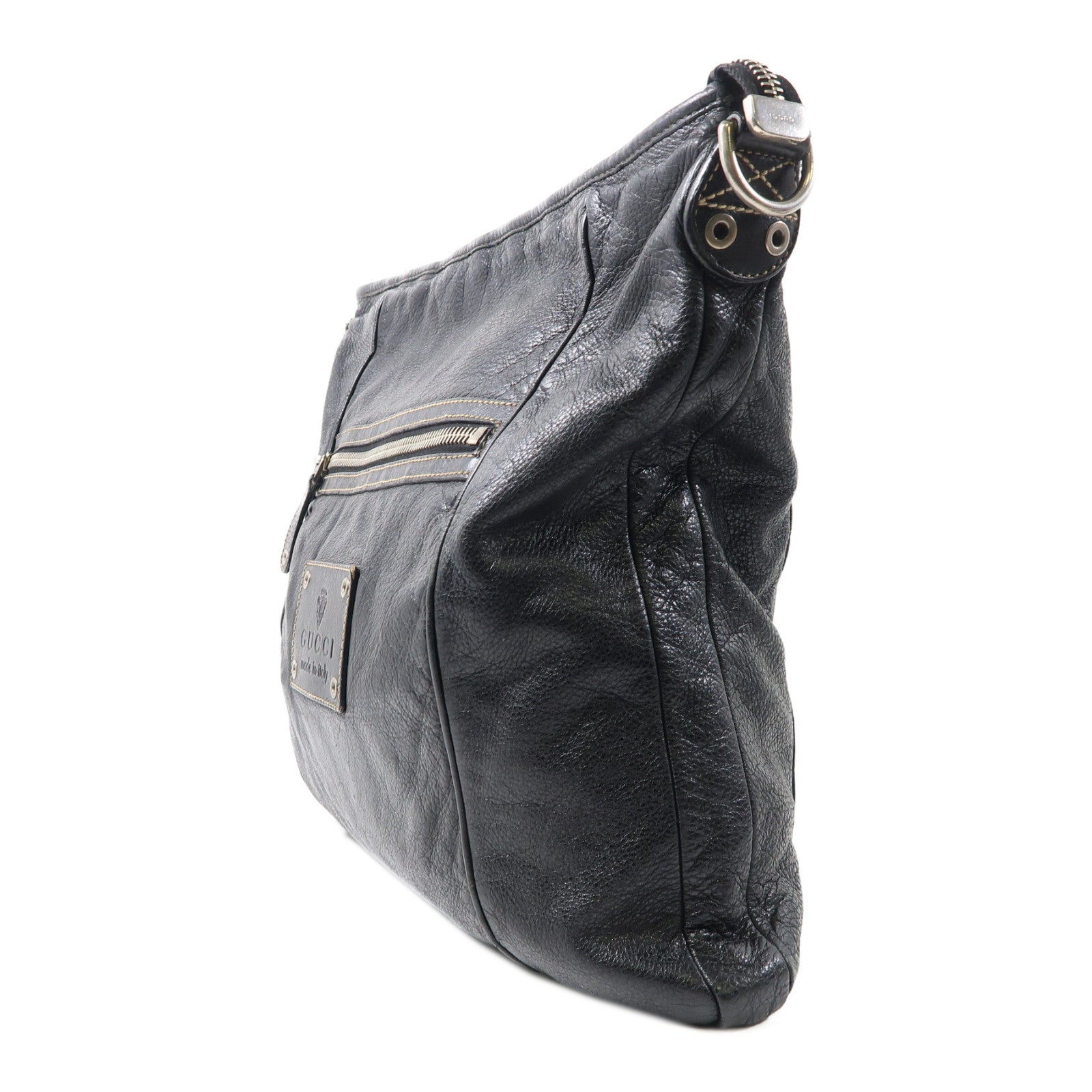 GUCCI 牛皮皮革Messenger Bag銀扣肩背袋黑色
