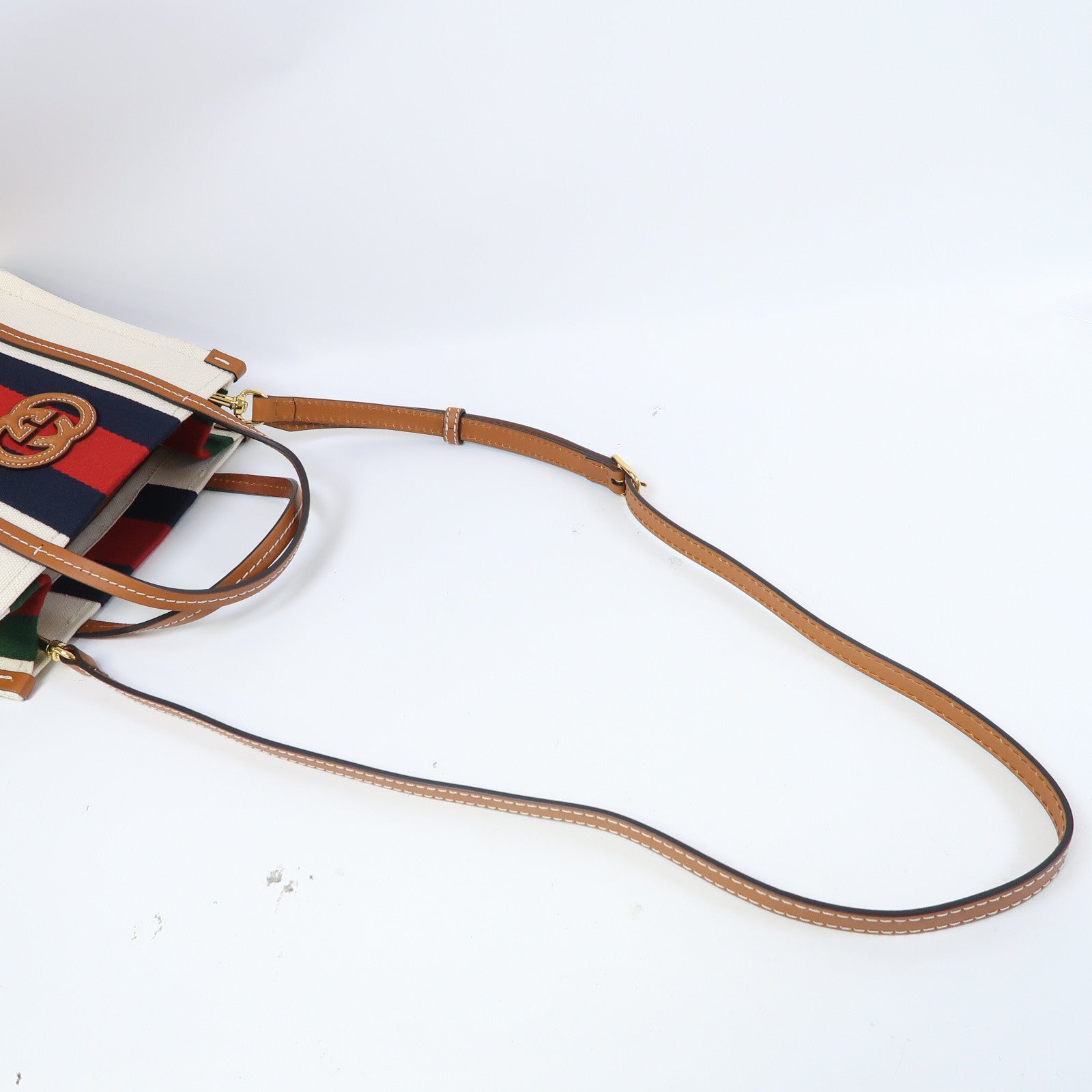 GUCCI 帆布Interlocking Tote金扣手挽肩背兩用袋白色/啡色
