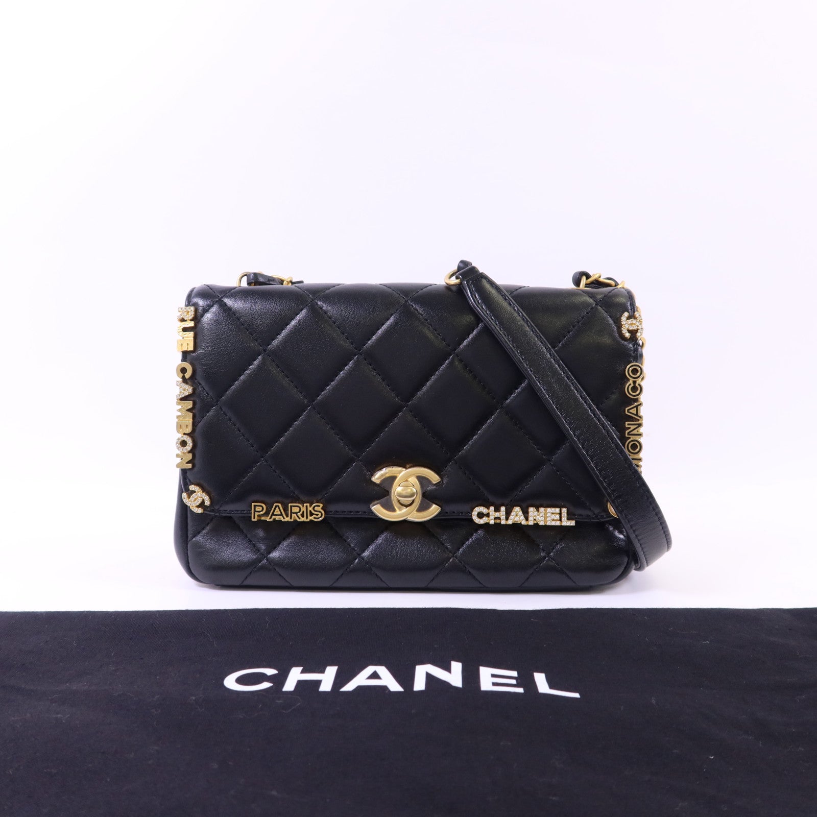 CHANEL 羊皮皮革Matelasse Mini Flap金扣鏈帶肩背袋